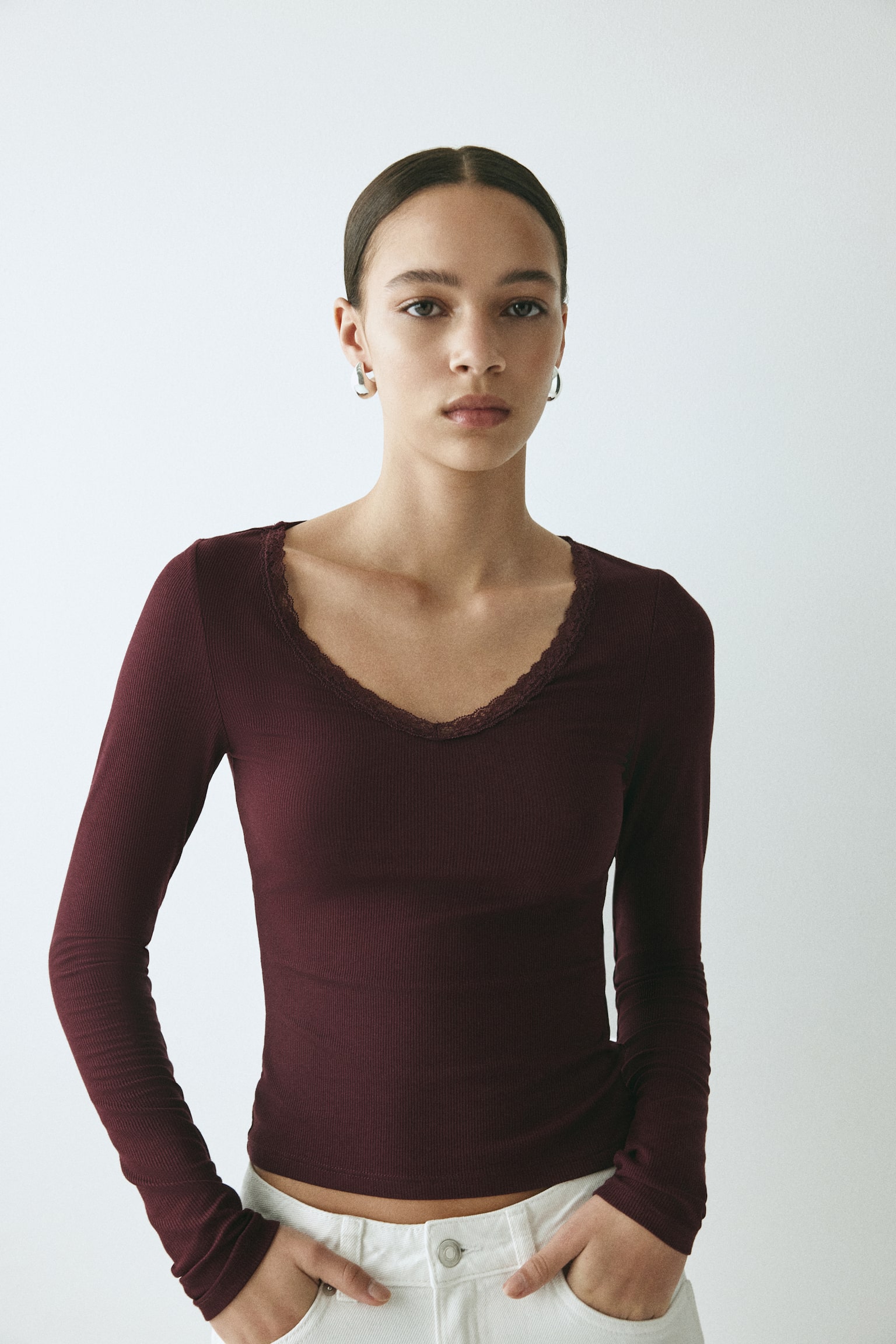 Lace-trimmed jersey top - Plum purple/Light grey marl/Dark blue/Black - 1