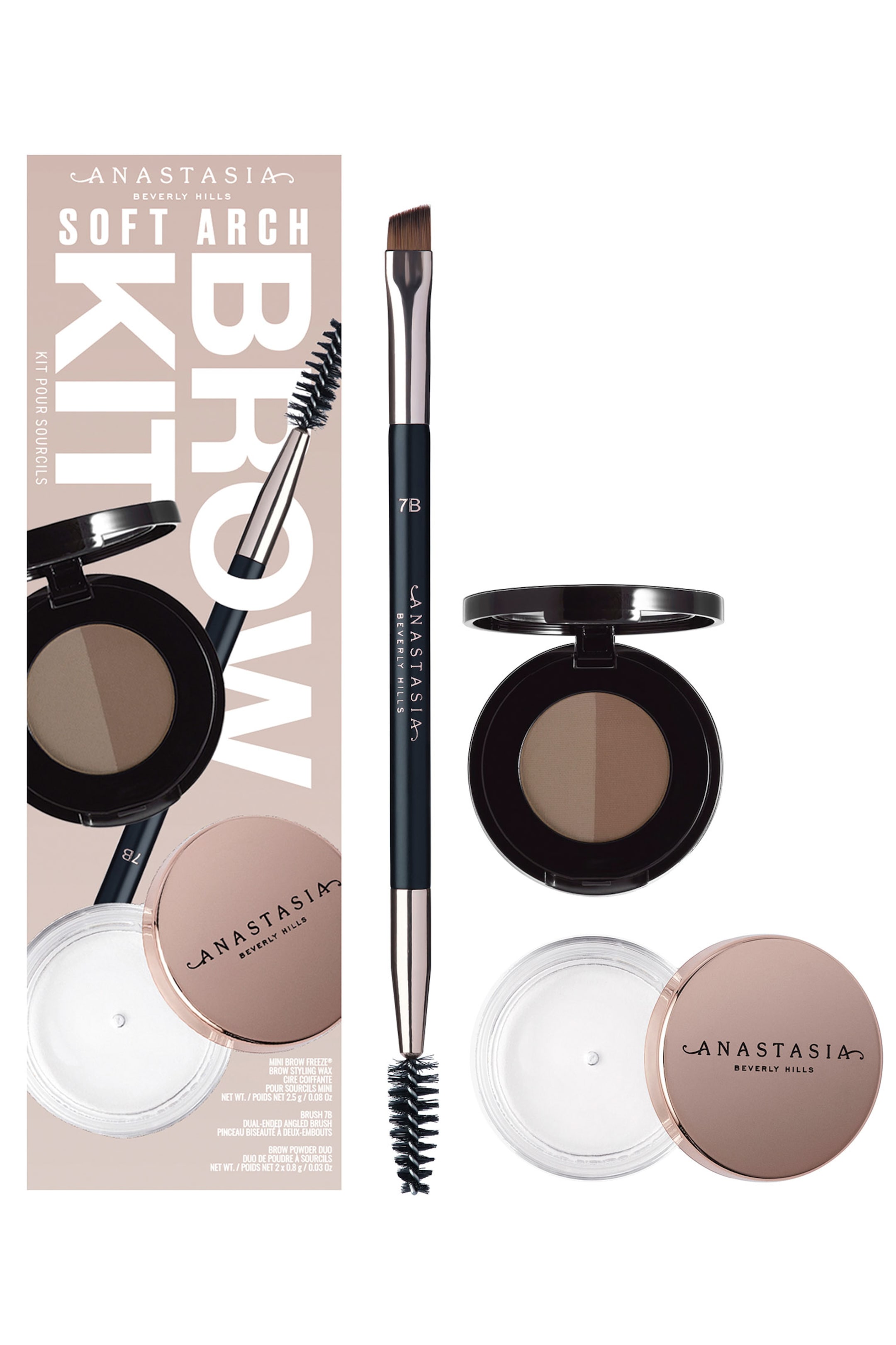 Visa större bild: Anastasia Beverly Hills Soft Arch Brow Kit presenterar sitt innehåll: en beige rektangulär låda, en svart dubbelsidig borste, en öppen svart kompakt och en öppen klar burk med brynvax. Borsten har ett vinklat huvud och en spoolie, medan den kompakta visar två nyanser av brun brynpuder, och burken visar vitt vax med ett roséguldfärgat lock bredvid.