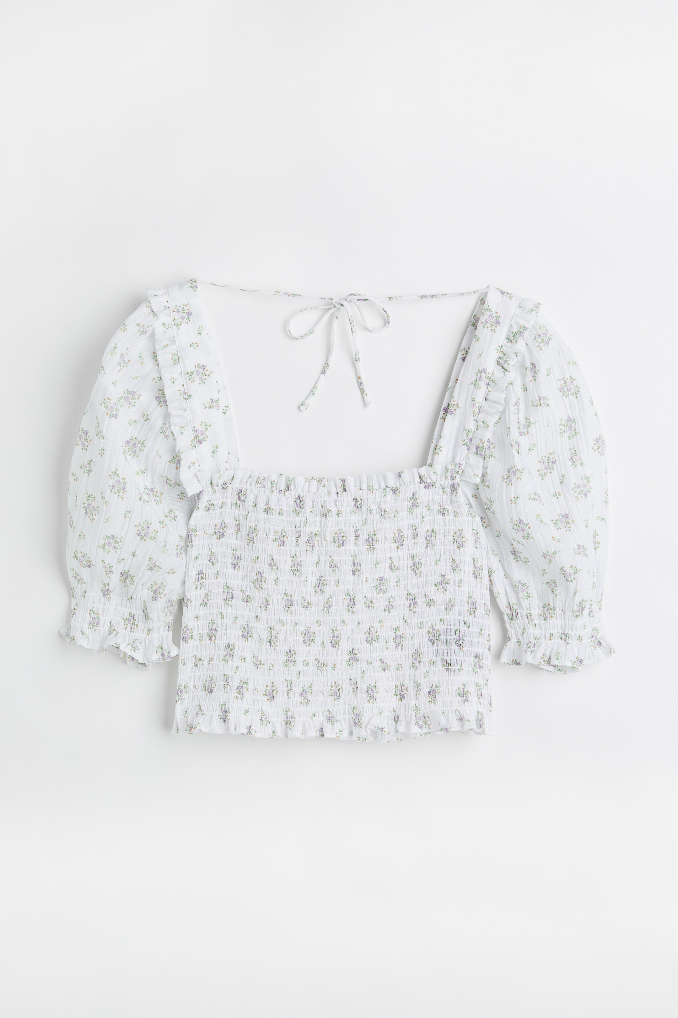 Smocked cropped top - Square neckline - Short sleeve - White/Floral ...