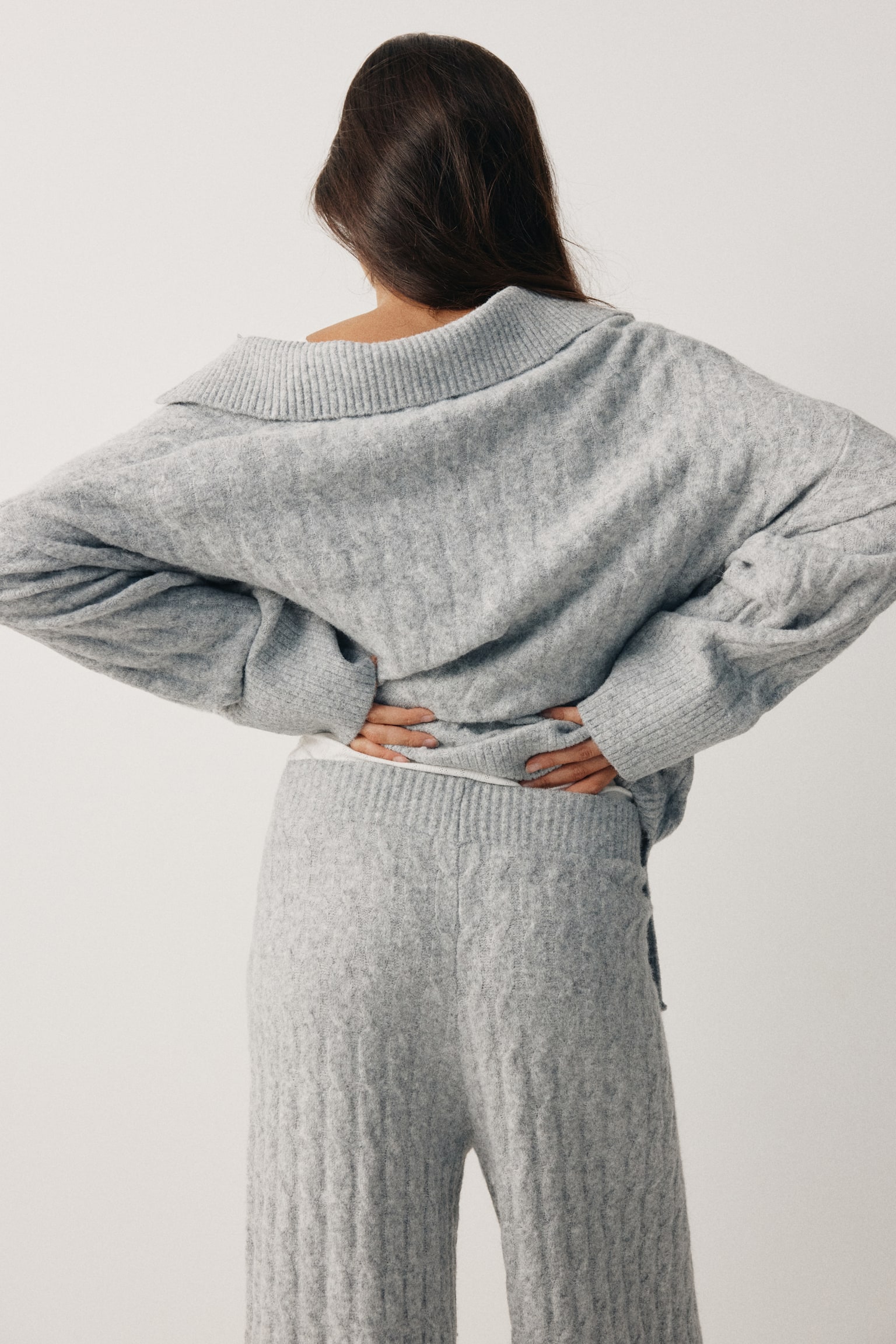 Cable-knit polo jumper - Light grey marl/Dusty beige/Beige - 6