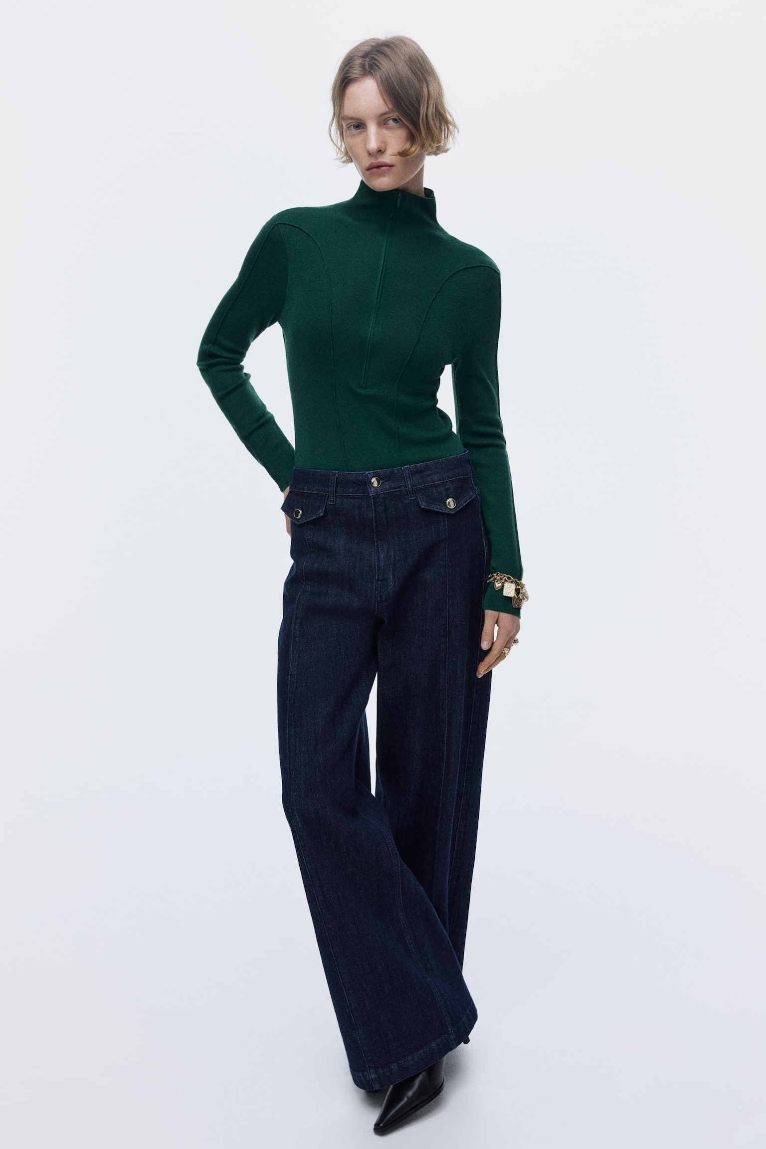 Zip-top turtleneck top - Dark green - 1