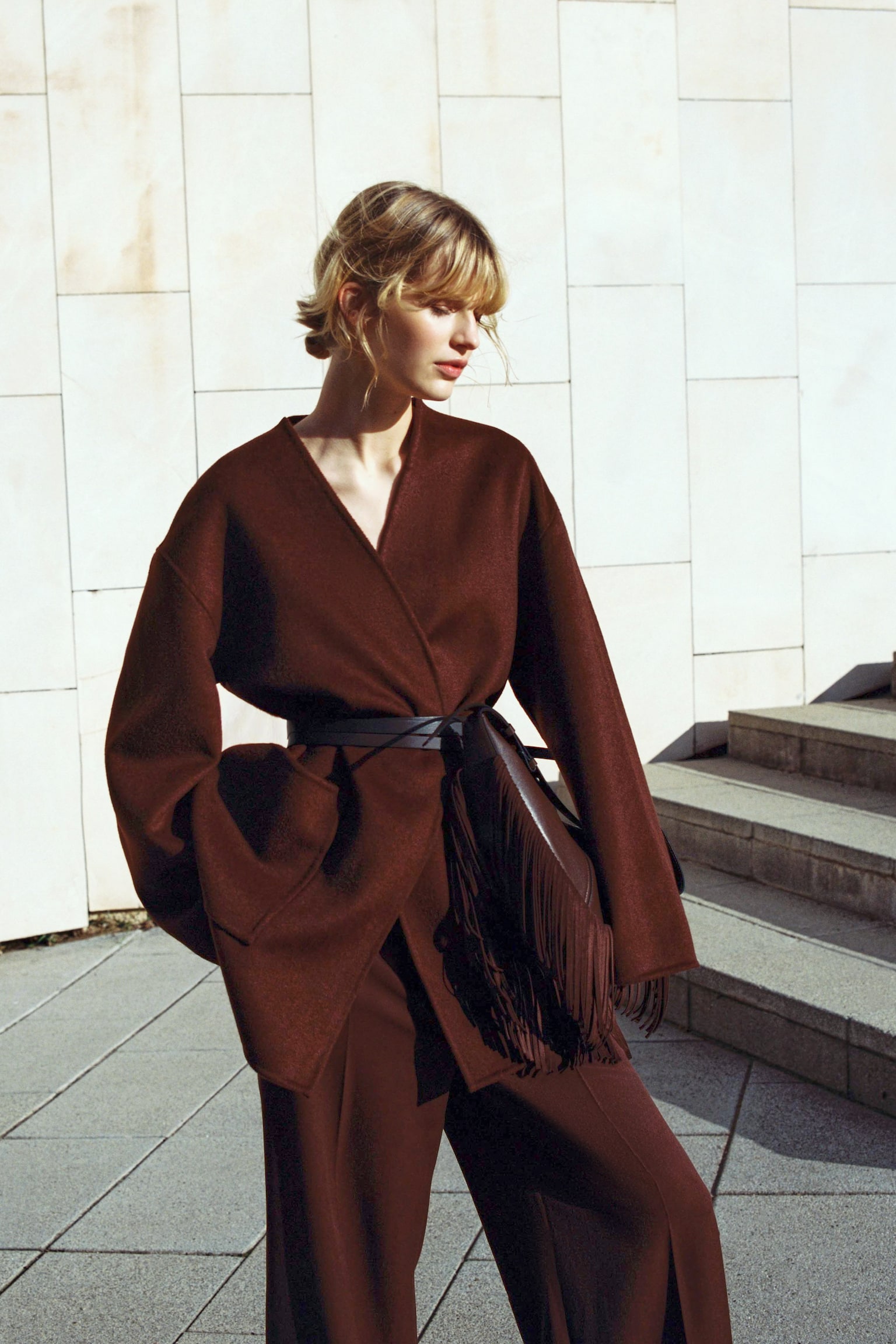 Handmade wool-blend coat - Dark rust brown/Dusty pink - 1