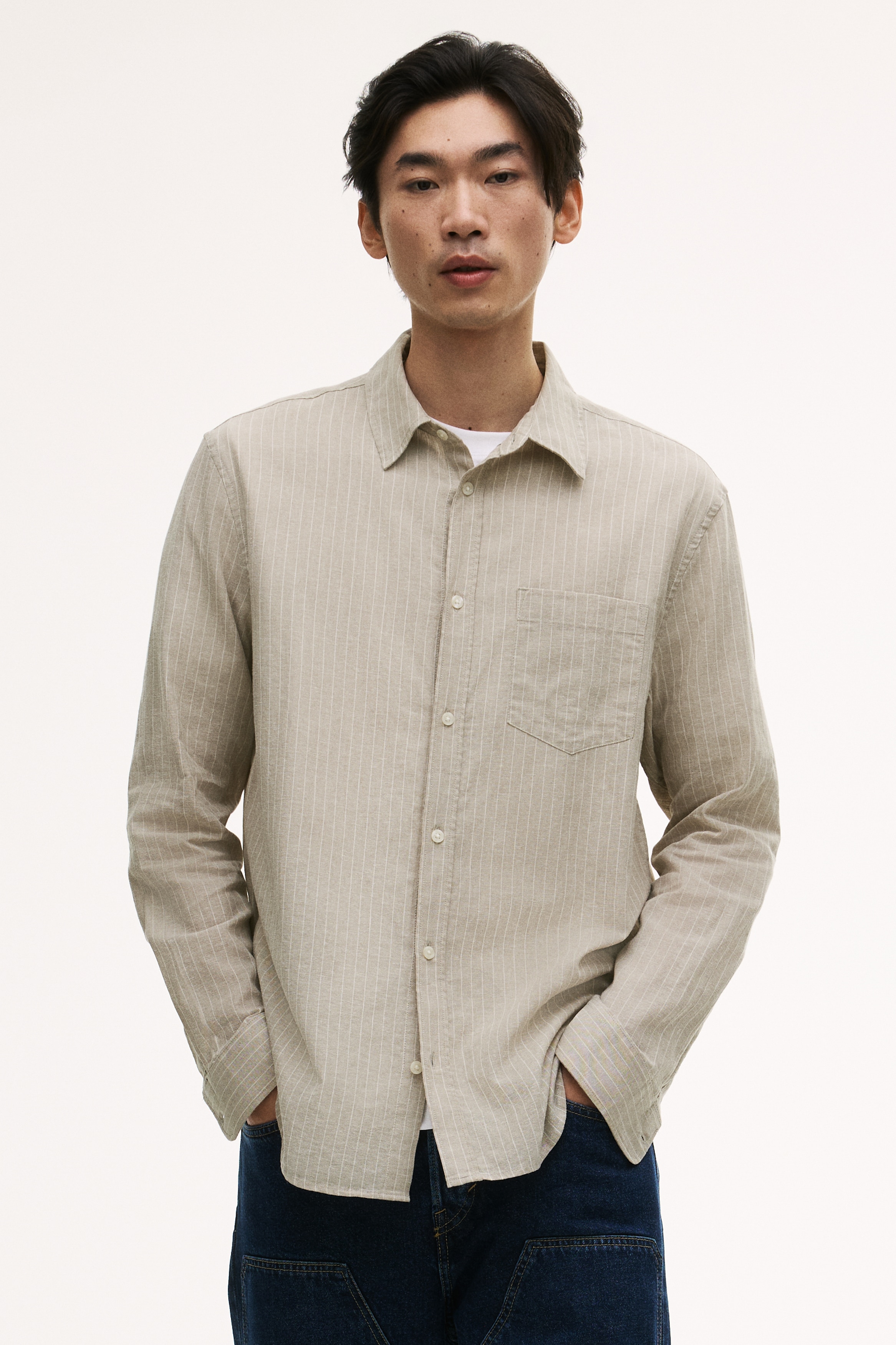 Regular Fit Linen-blend shirt - Beige/Light blue/White
