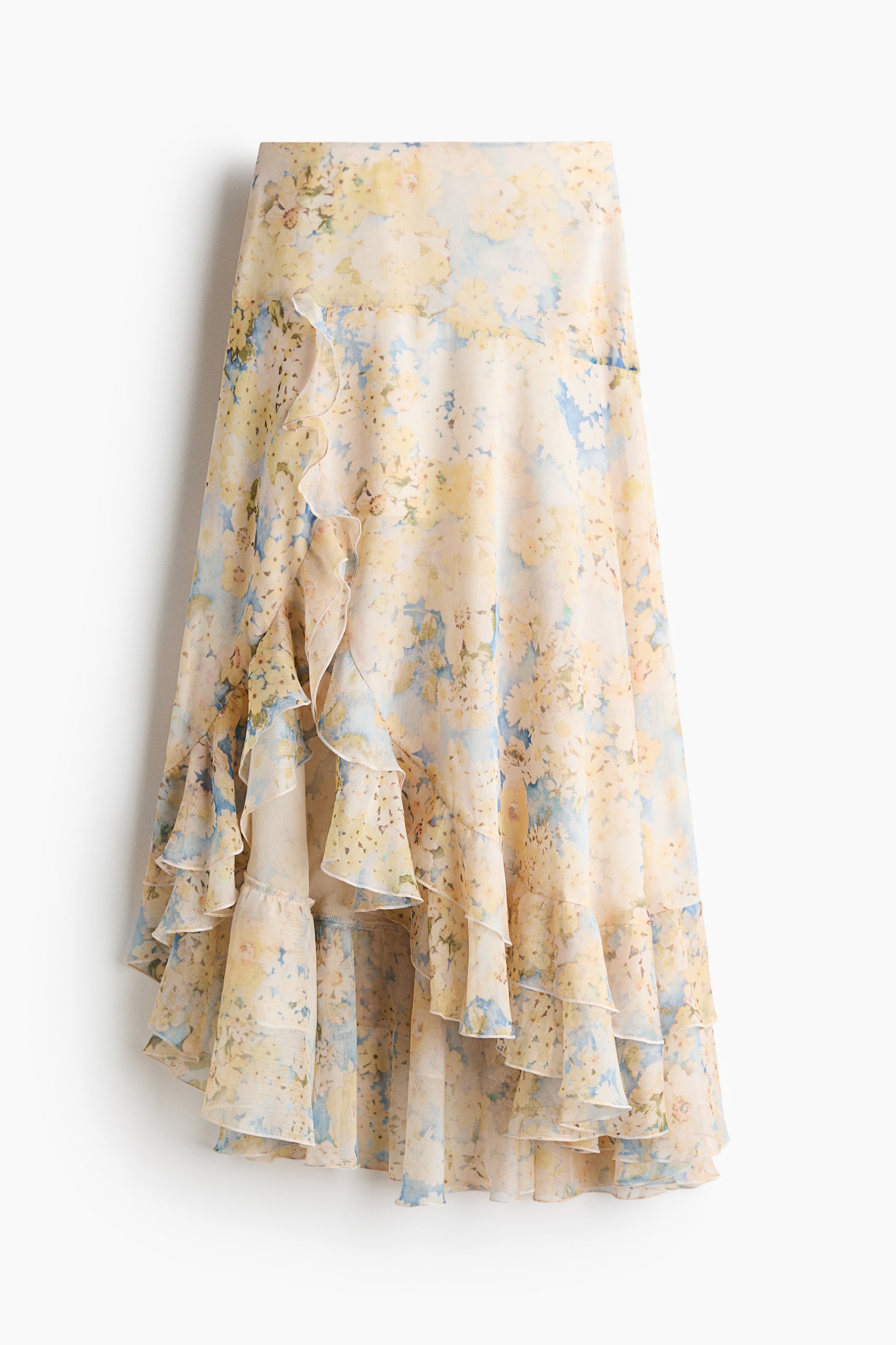 Flounce-trimmed skirt - Light yellow/Floral - 2