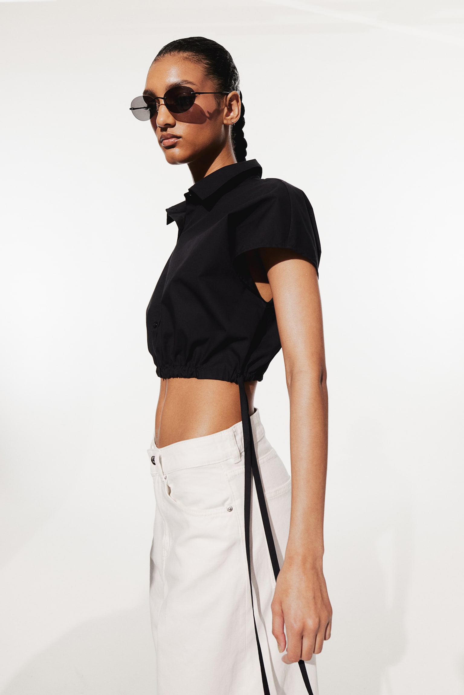 Cropped tie-detail shirt - Black/White - 4