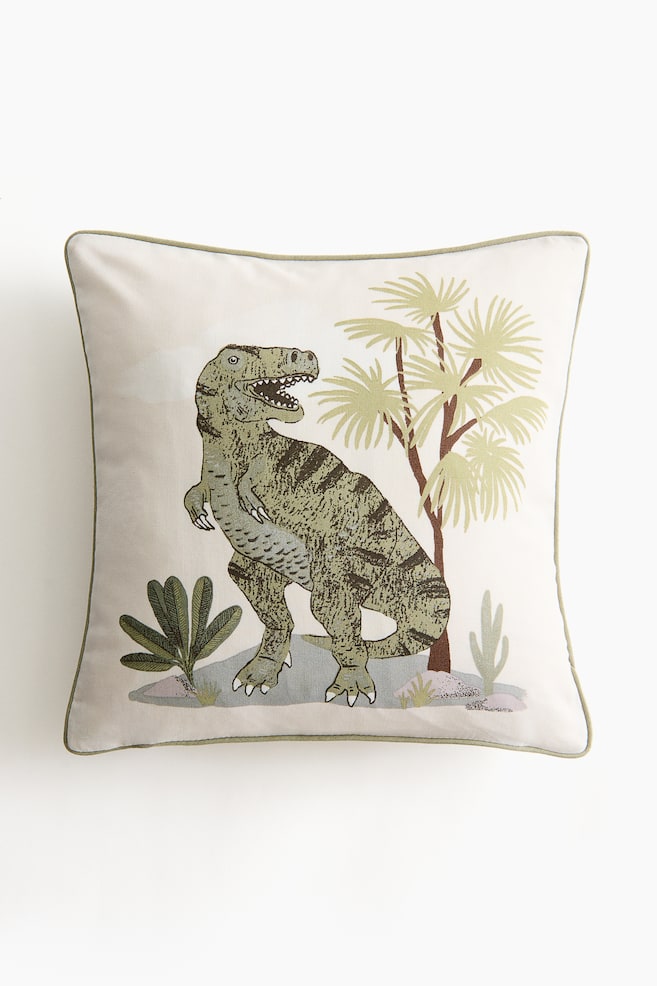 Printed Cotton Canvas Cushion Cover - Light beige/T. rex/Light khaki green/dinosaur/Green/scooter - 1