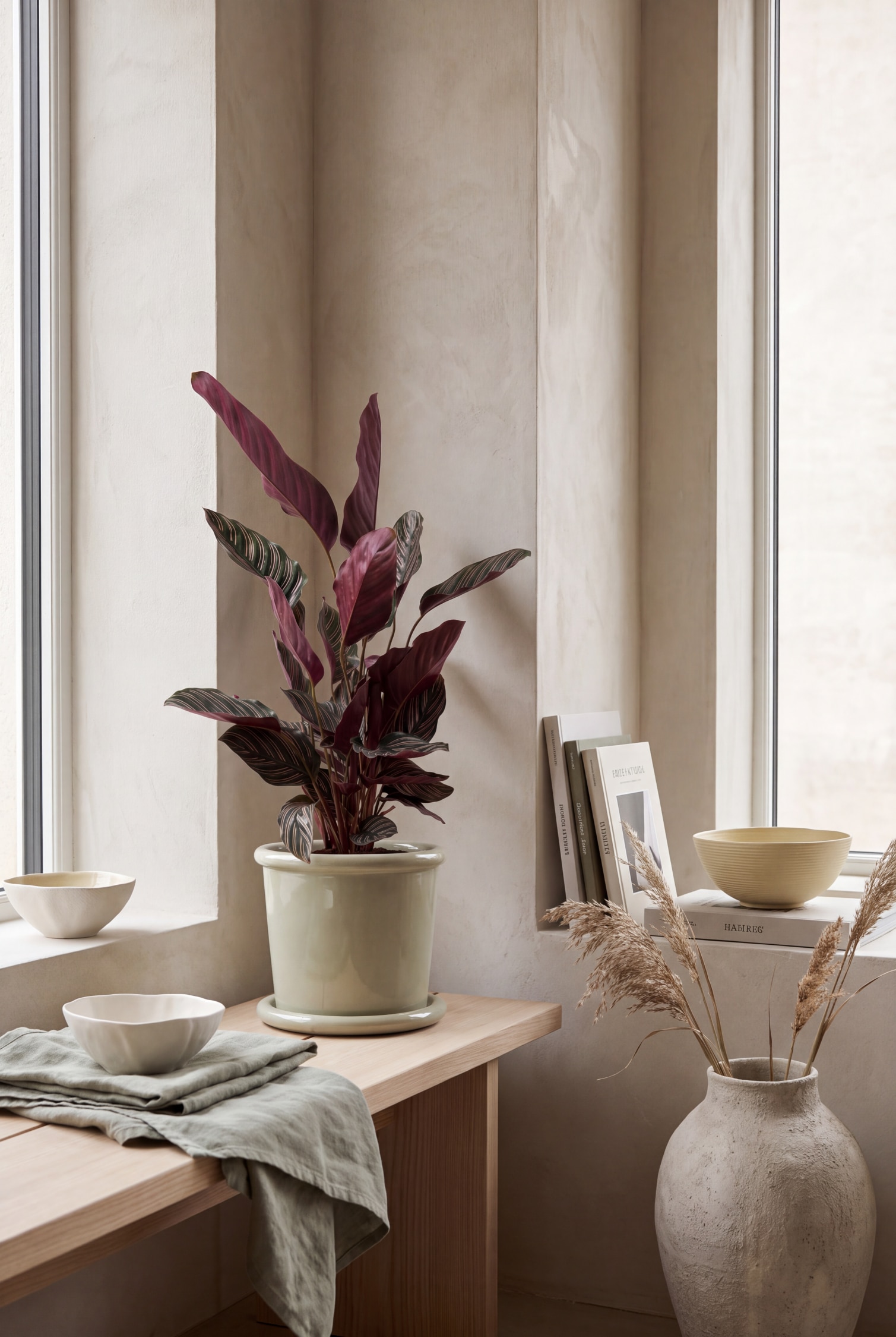 A Calathea plant is growing upright from a glossy, light green ceramic pot with a matching saucer. The plant displays large, dark green leaves featuring thin pink pinstripes on their upper surfaces and a deep burgundy colour on their undersides.
