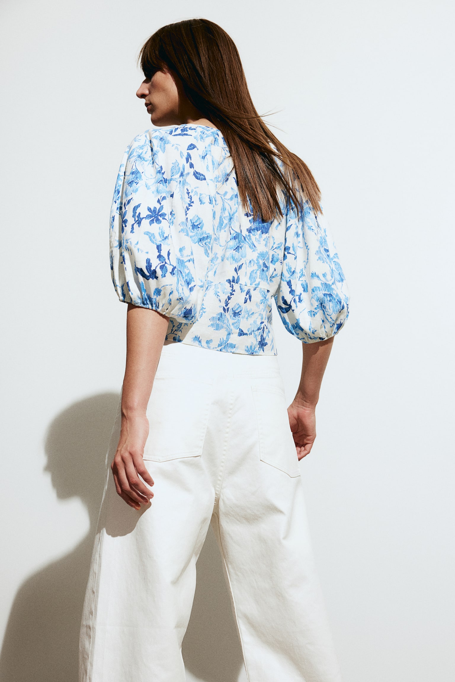 Linen Blend Blouse - White/Blue floral/White/Pattern/White/Blue floral/White - 6