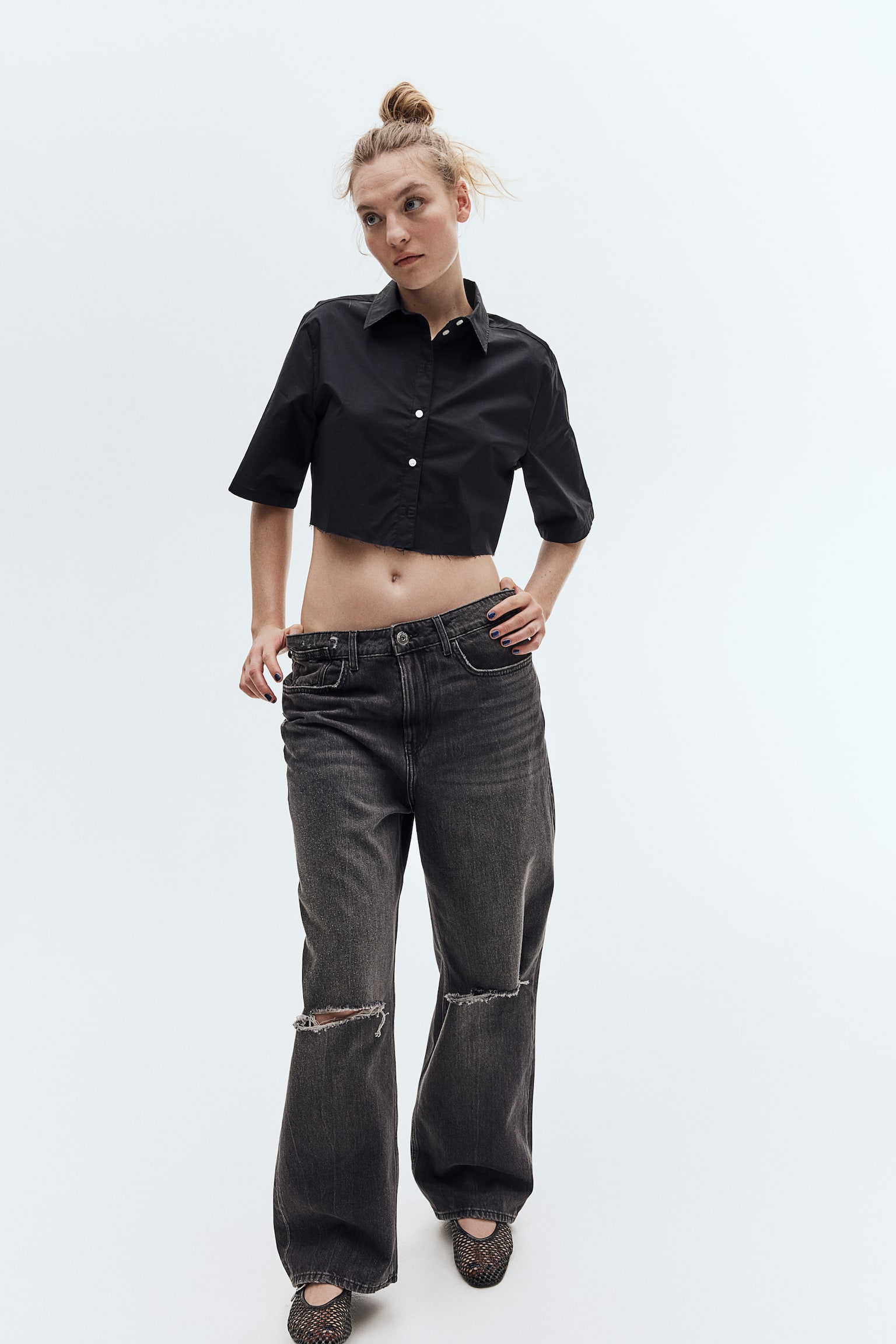 Cropped cotton shirt - Black/Blue/Striped/Brown/Orange/White - 3