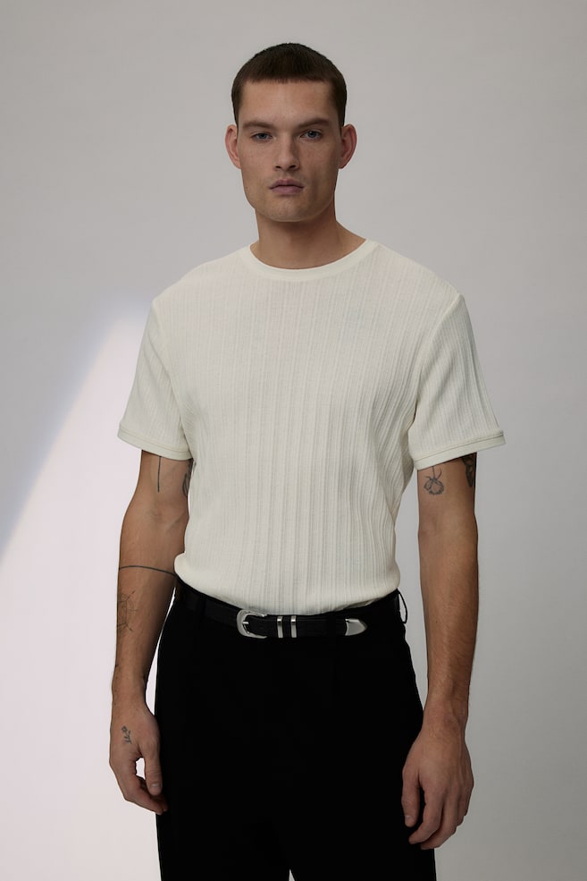 Regular Fit Pointelle-knit T-shirt - Cream/Black - 5