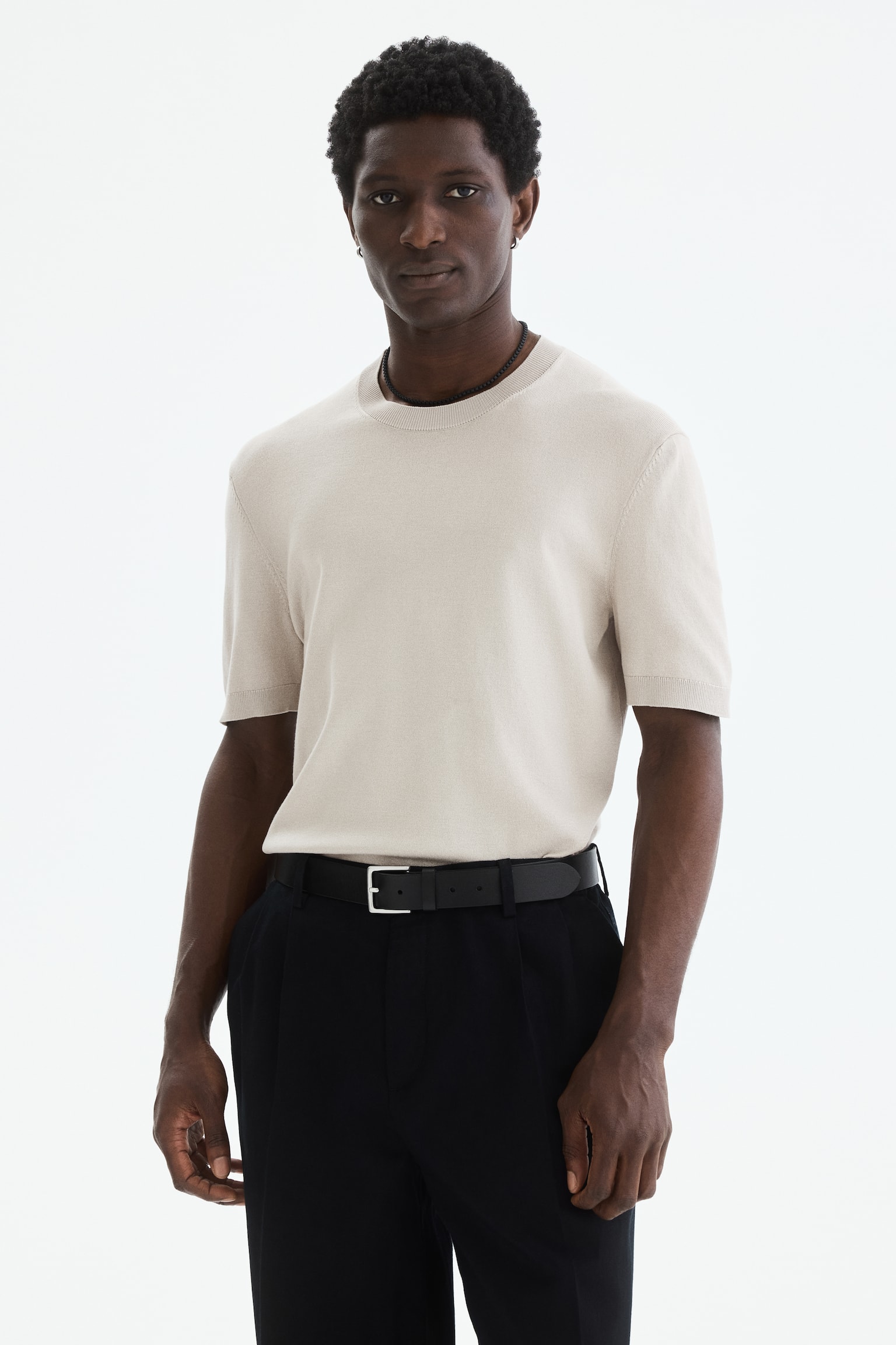 Strikket T-shirt Slim Fit - Beige/Sort/Hvid/Mørkeblå - 2