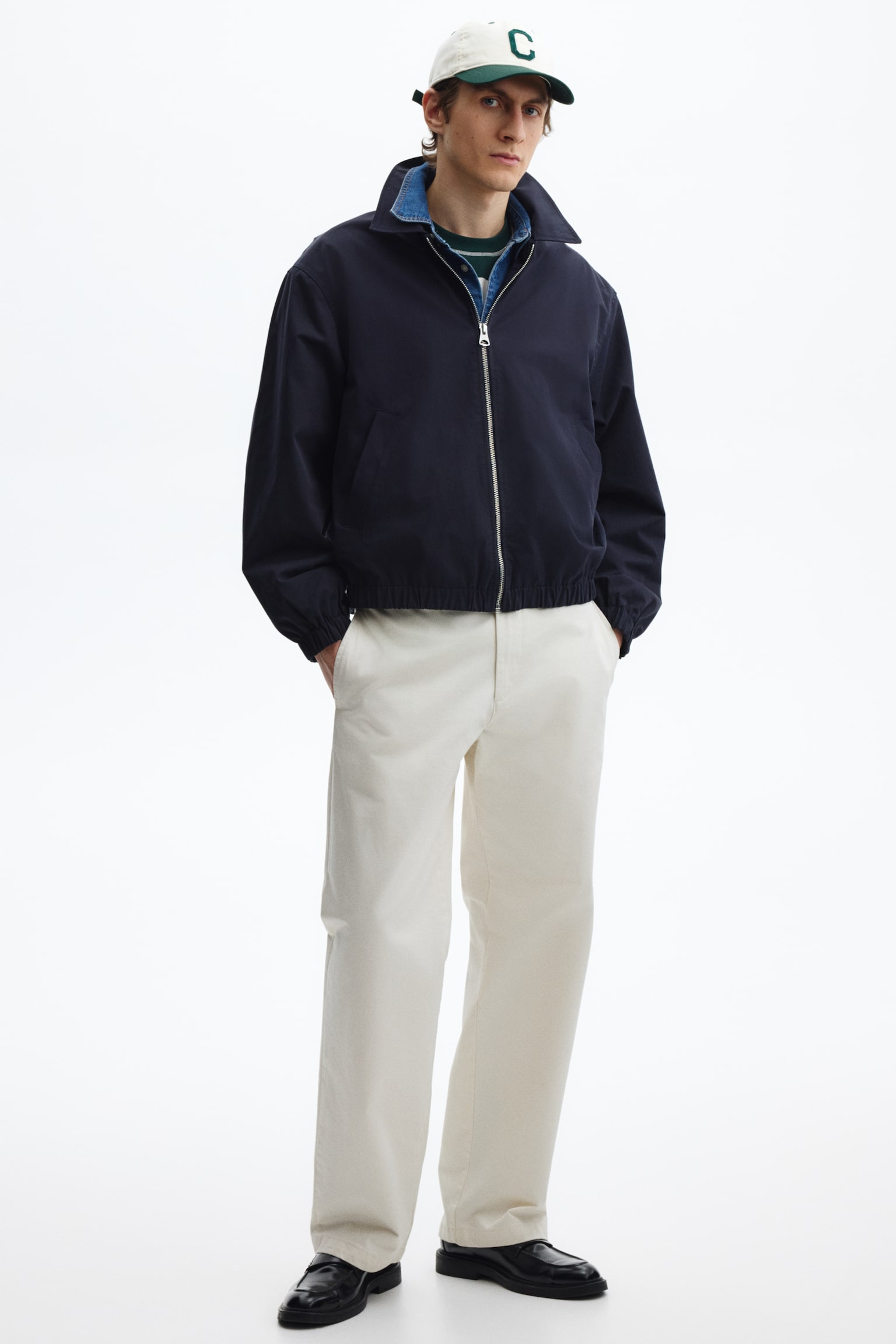 Collared cotton jacket - Navy blue/Black/Beige - 4