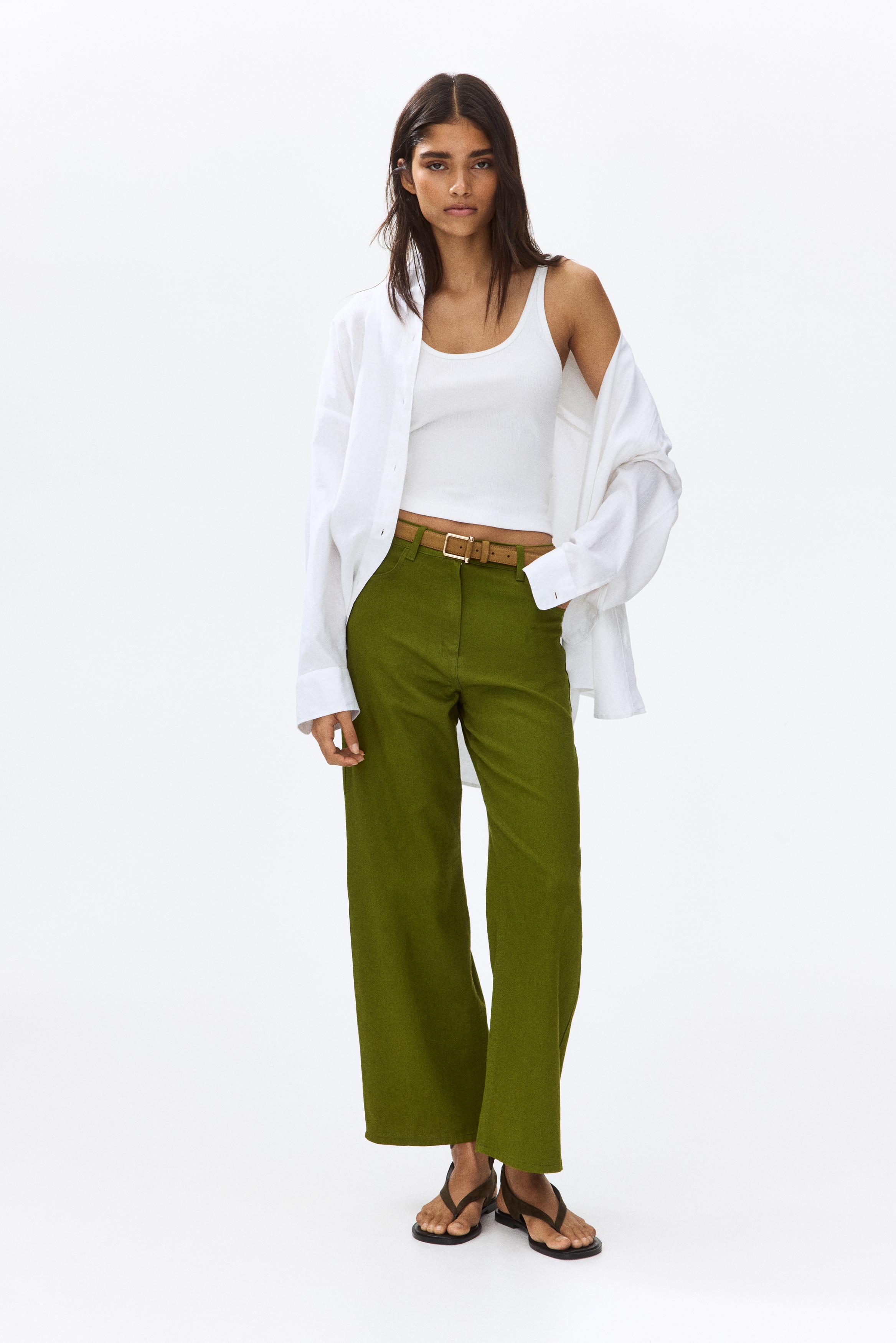 Linen-blend trousers - Olive green