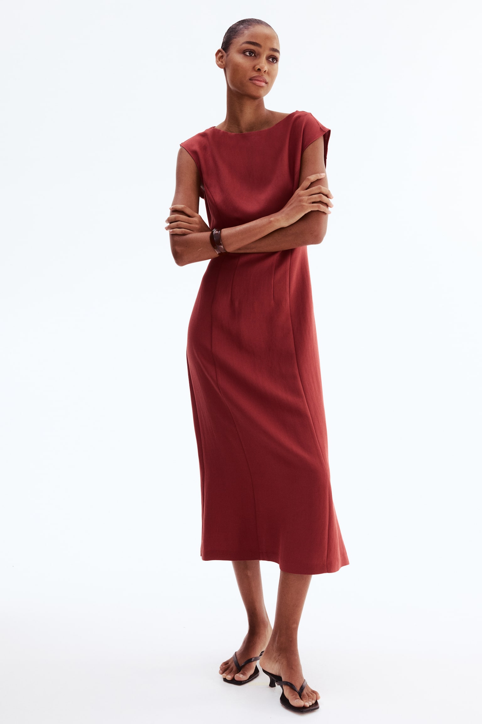 Waisted sleeveless dress - Dark red/Dark khaki green - 5