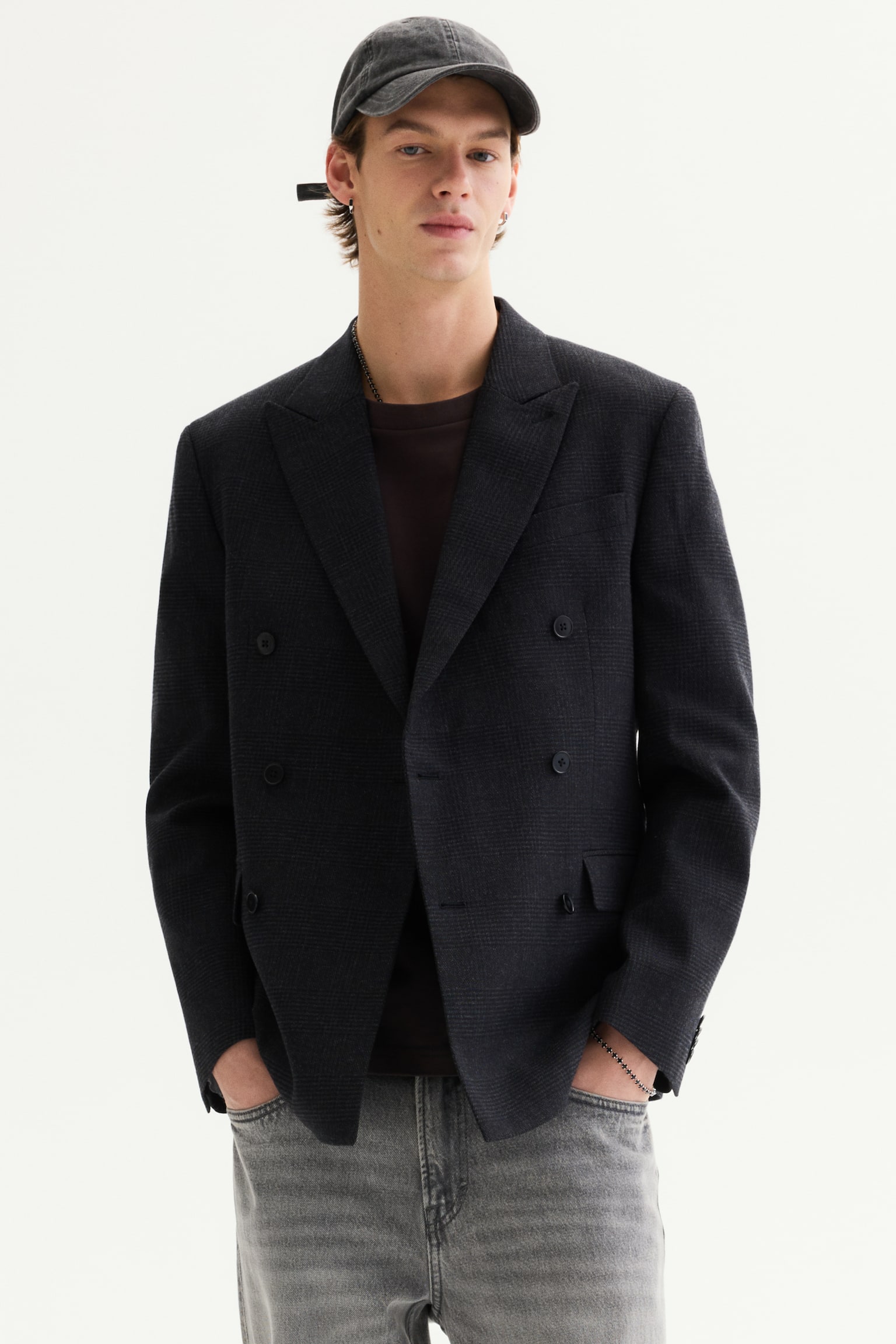 Regular Fit Wool-blend double-breasted jacket - Navy blue/Checked/Dark khaki green - 1
