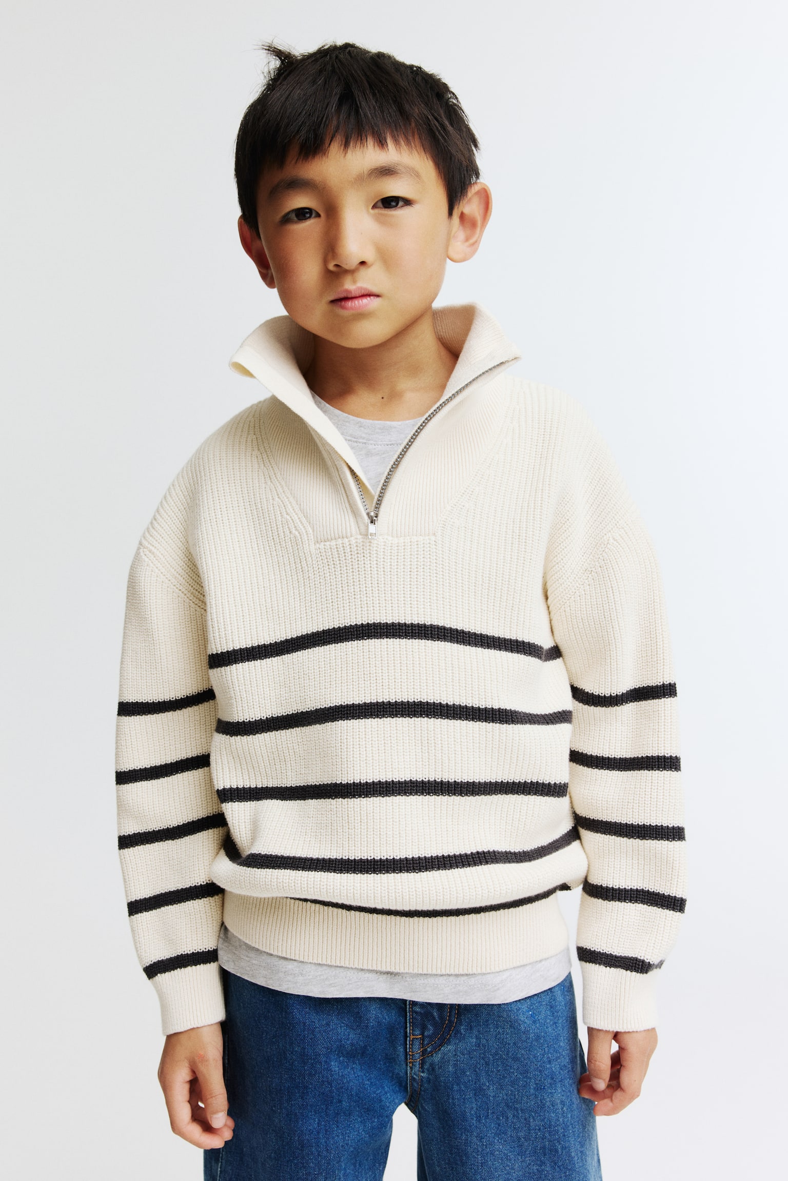 Zip-top cotton jumper - Cream/Striped - 2