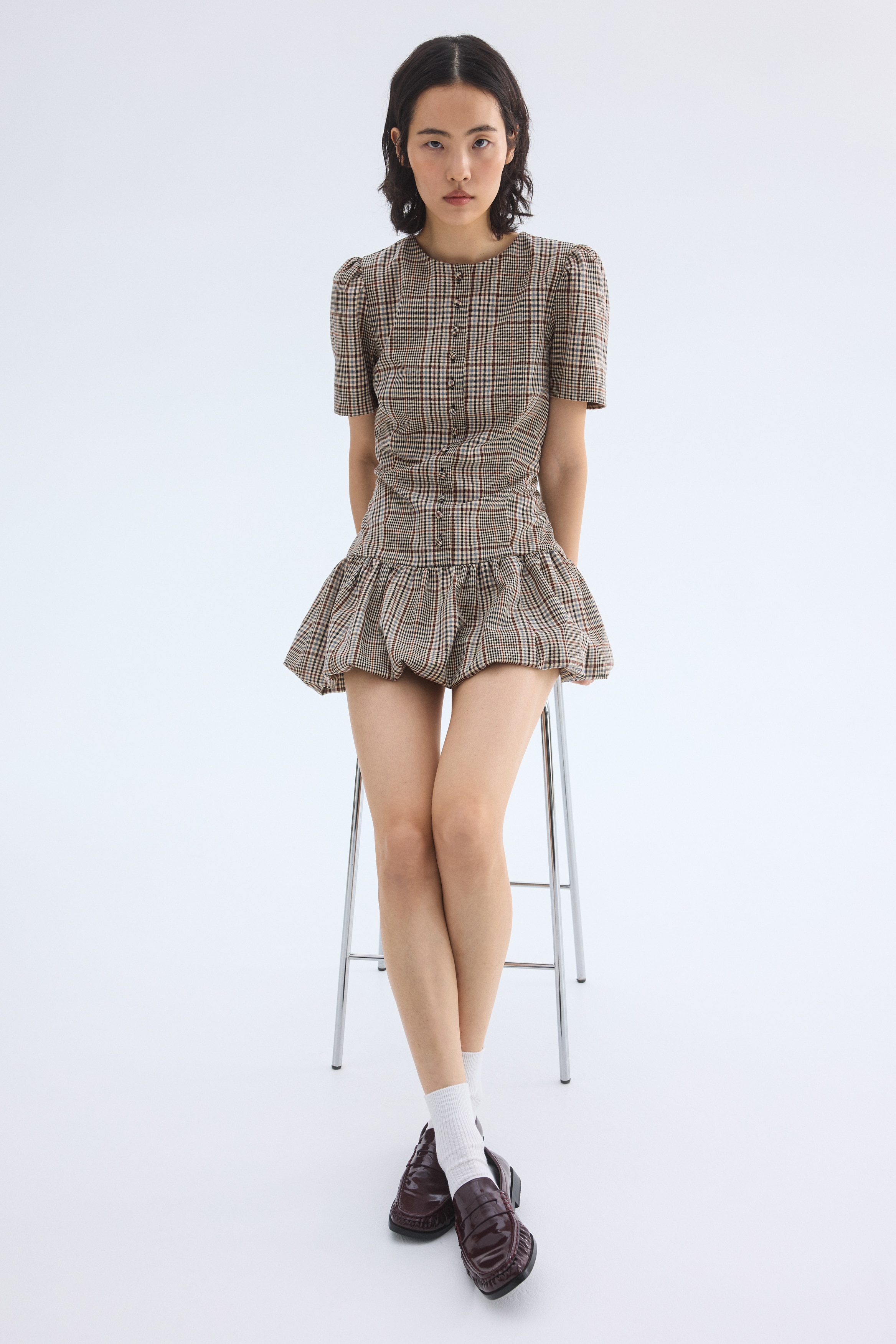 Abito con bordo a palloncino - Beige/quadri/Nero