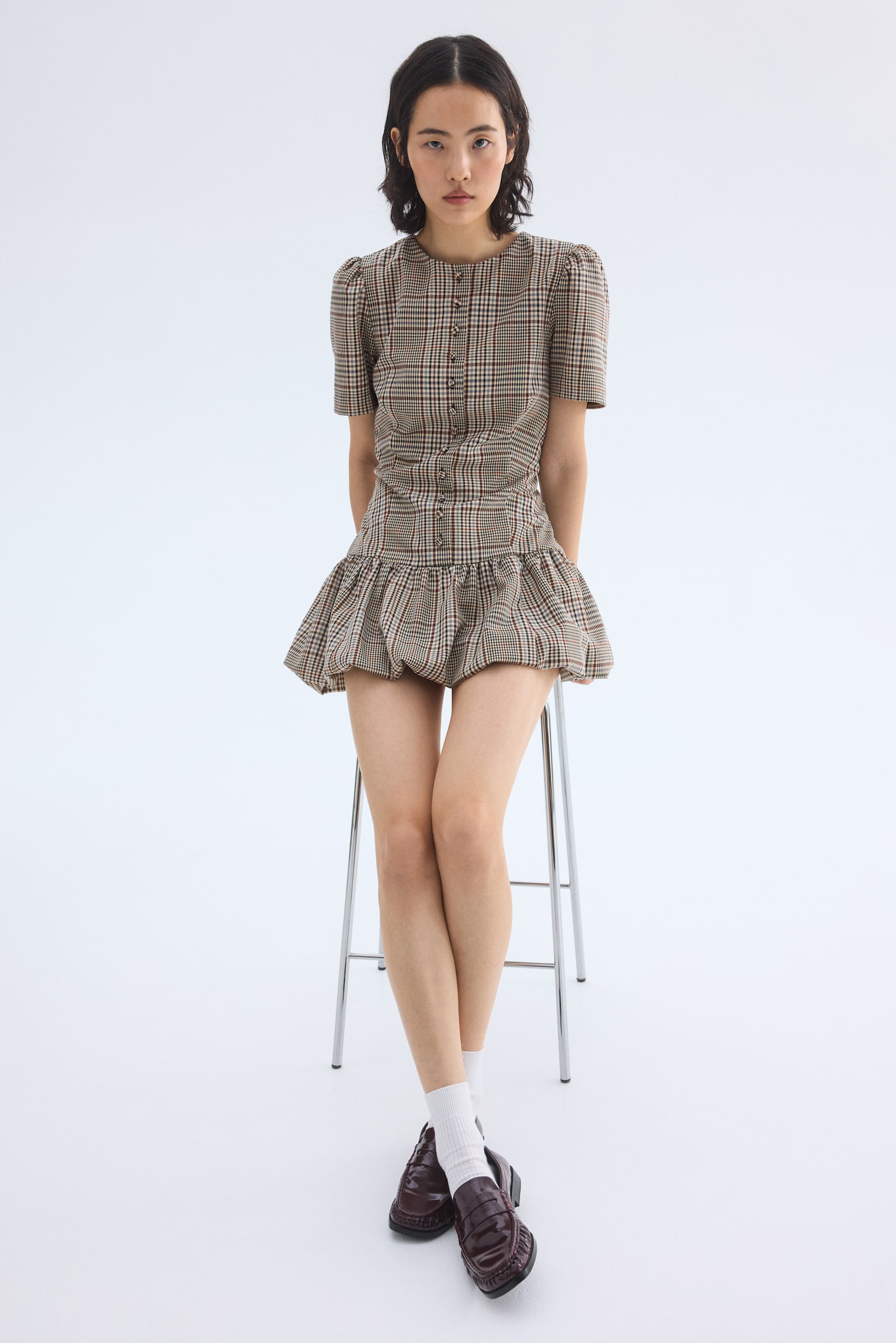 Bubble-hem dress - Beige/Checked/Black - 1