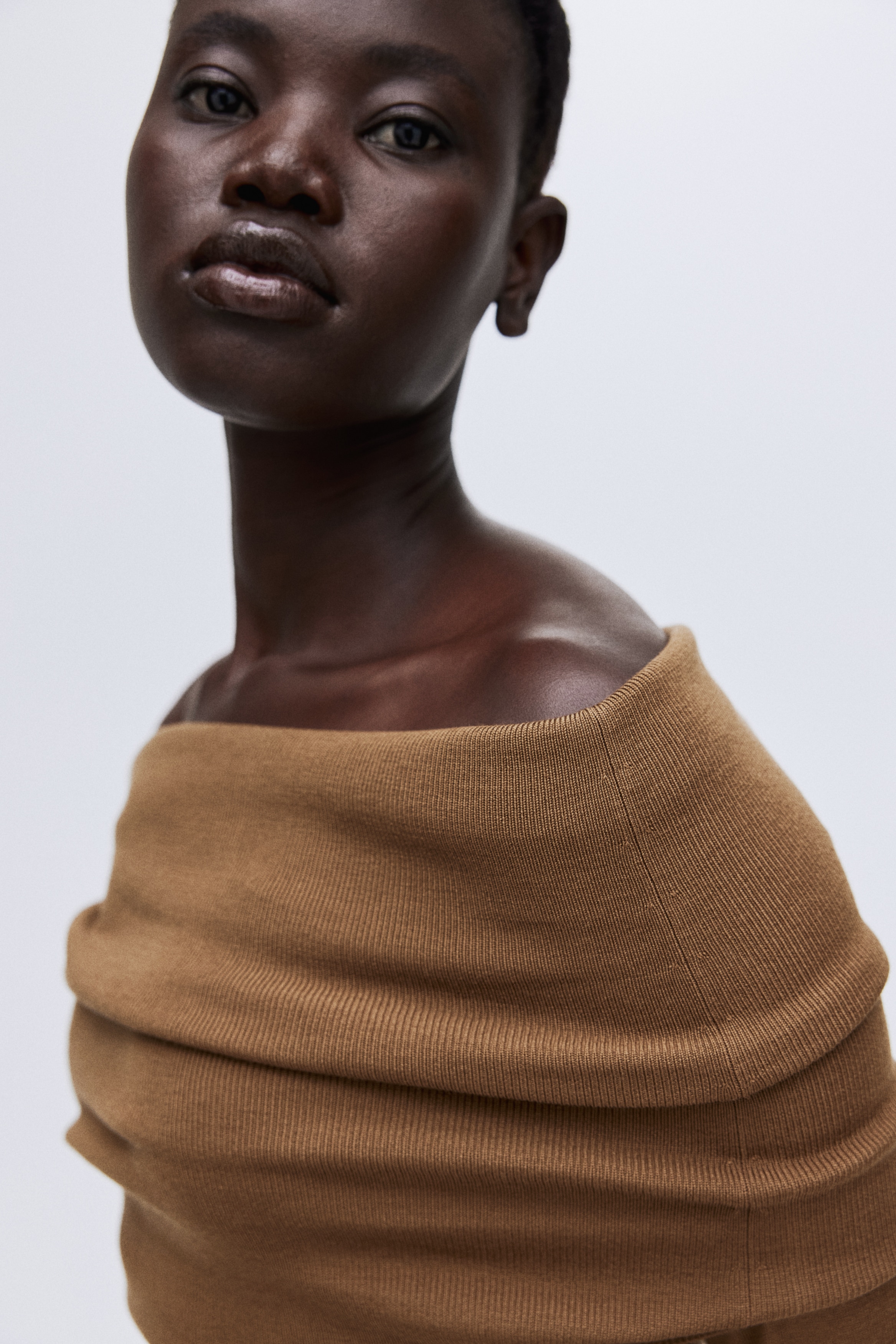 Off-the-Shoulder Wool Top - Light brown/Black