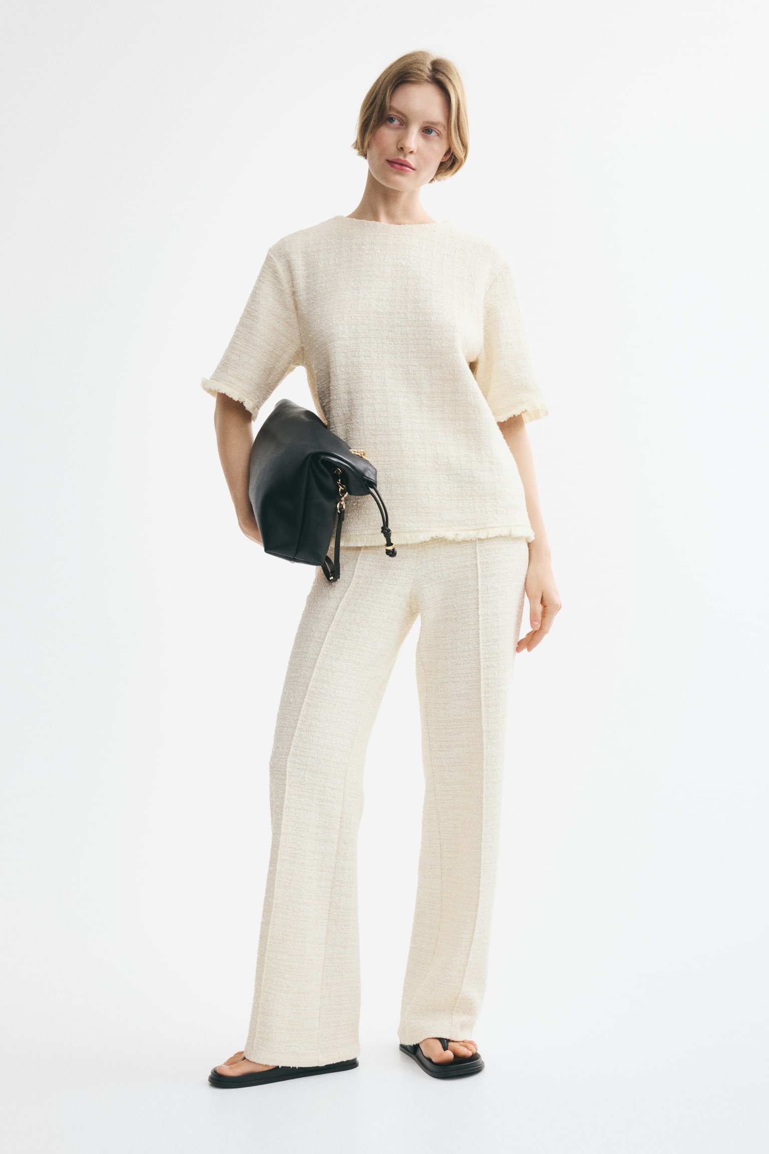 Fringed bouclé-knit top - Cream - 1