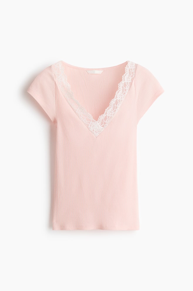 Lace-Trimmed V-Neck Top - Light pink - 1