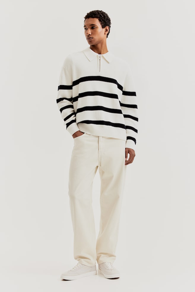 Loose Fit Zip-top polo jumper - White/Dark blue striped/Navy blue/Striped - 1