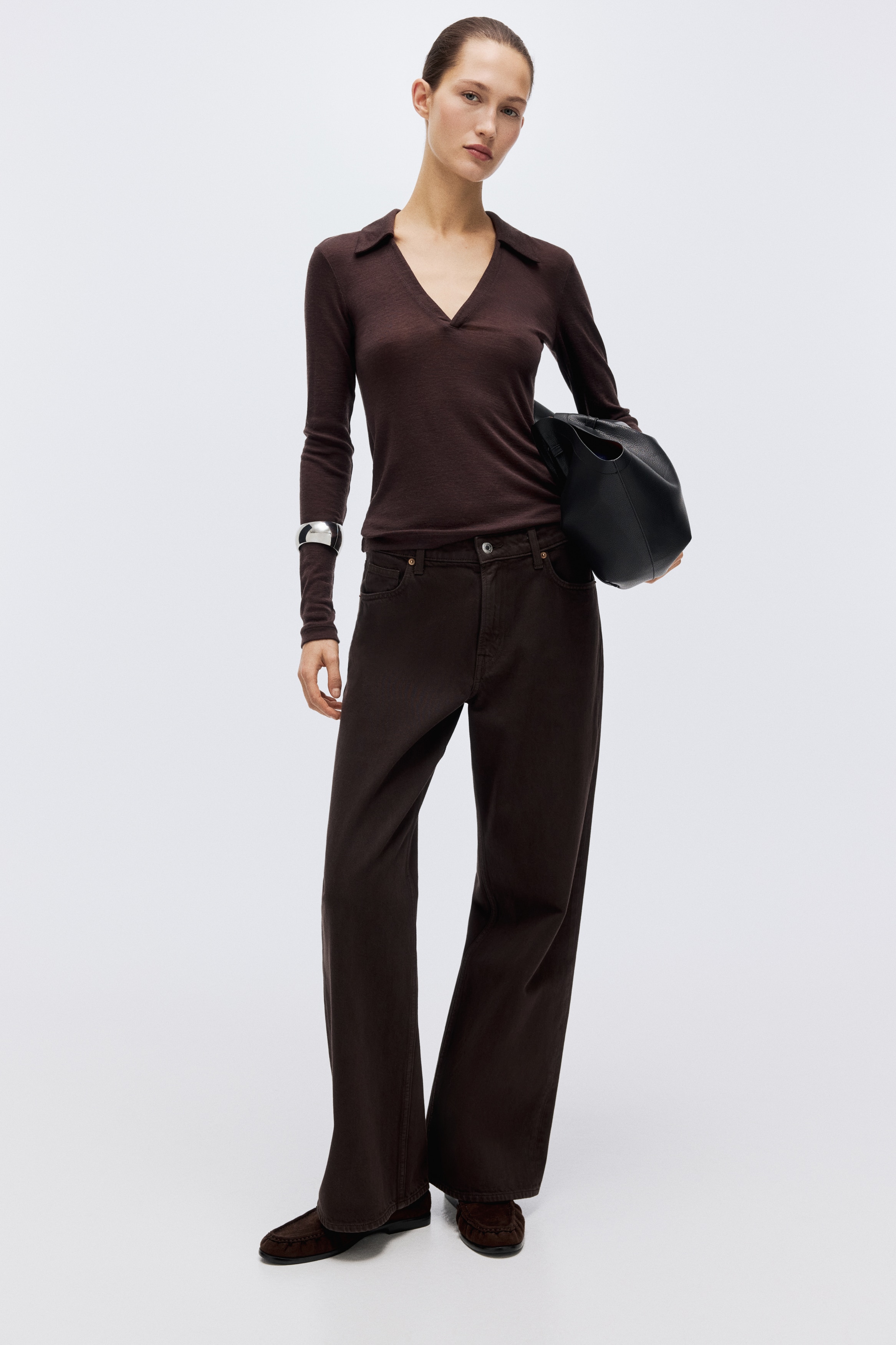 Top en jersey de laine - Marron foncé/Gris chiné