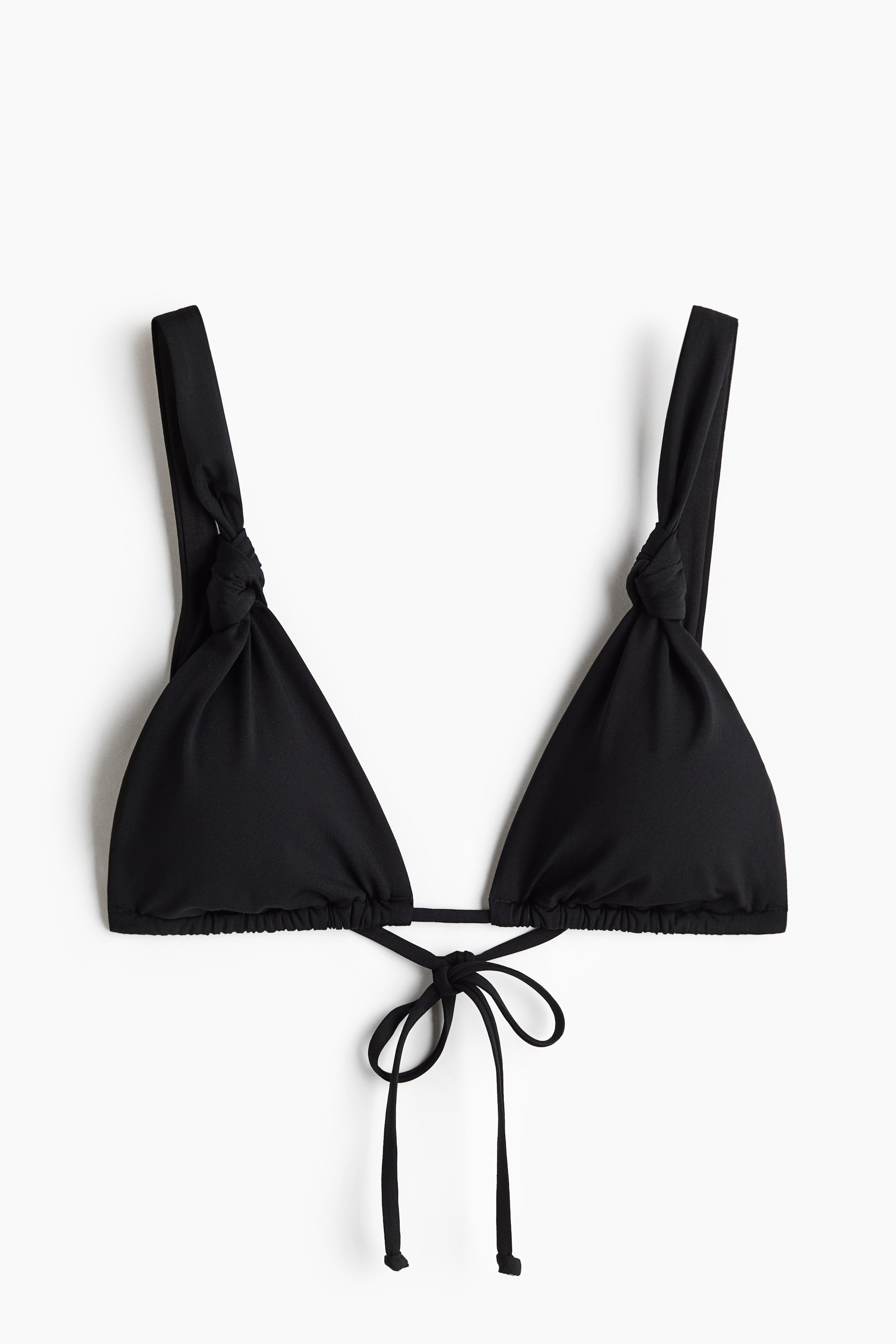 View larger image: A black triangle bikini top featuring wide shoulder straps with a knotted detail at the front and adjustable ties at the bottom of the cups.