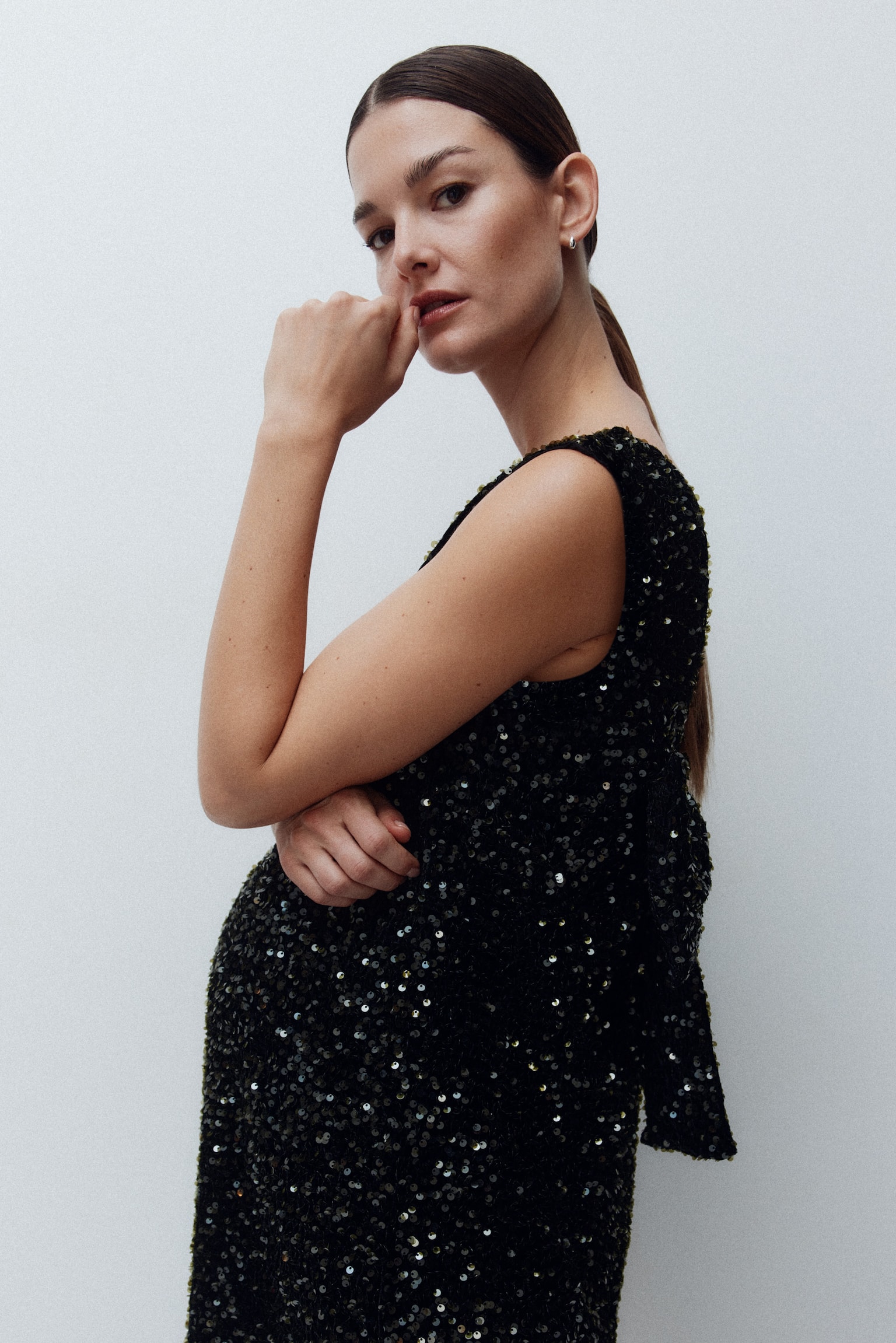 MAMA Φόρεμα με πούλιες και φιόγκο - Σκούρο πράσινο/Σκούρο καφέ/Λευκό/μαύρο - 4