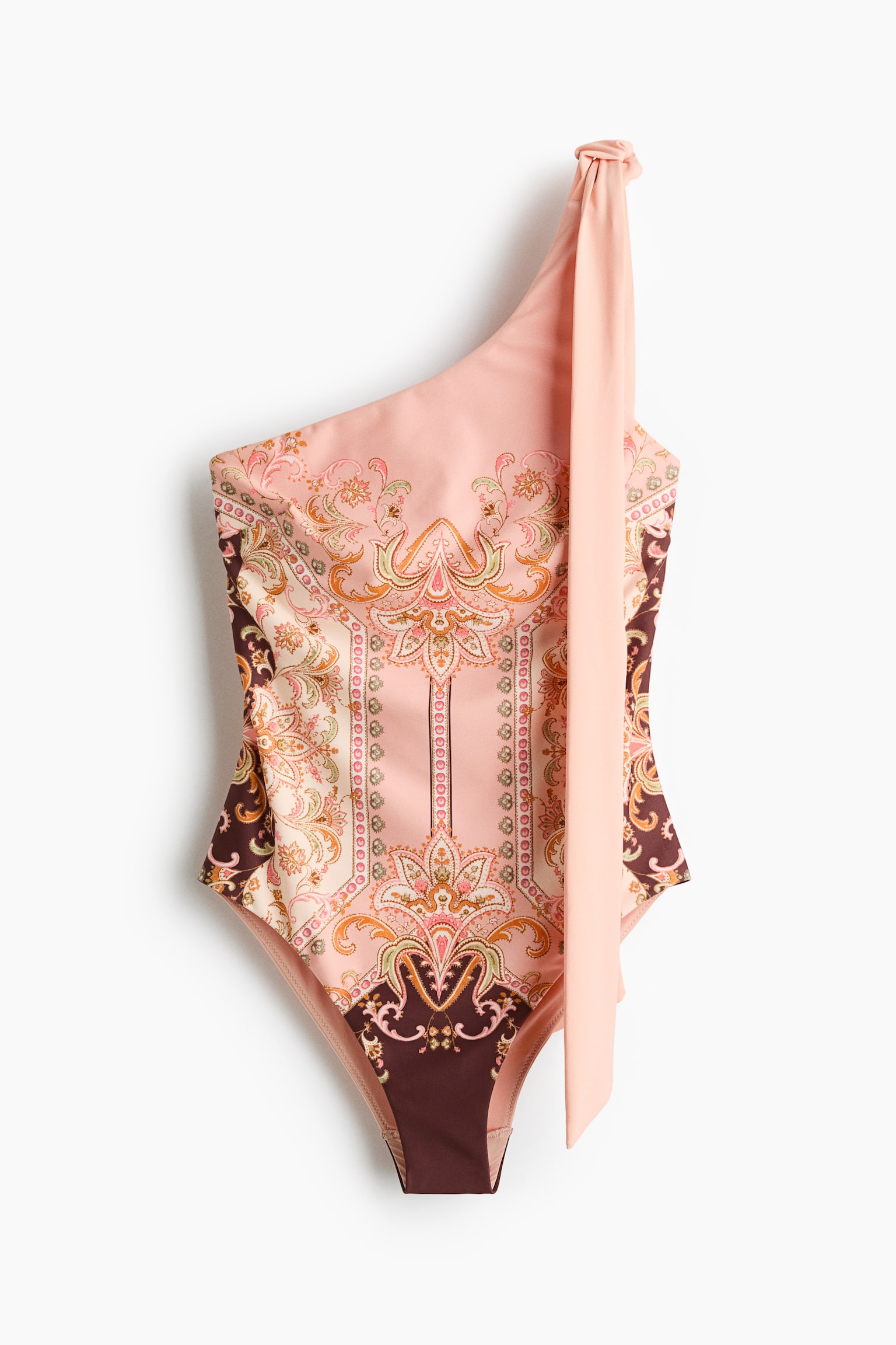 Padded-cup one-shoulder swimsuit - Powder pink/Paisley pattern - 2