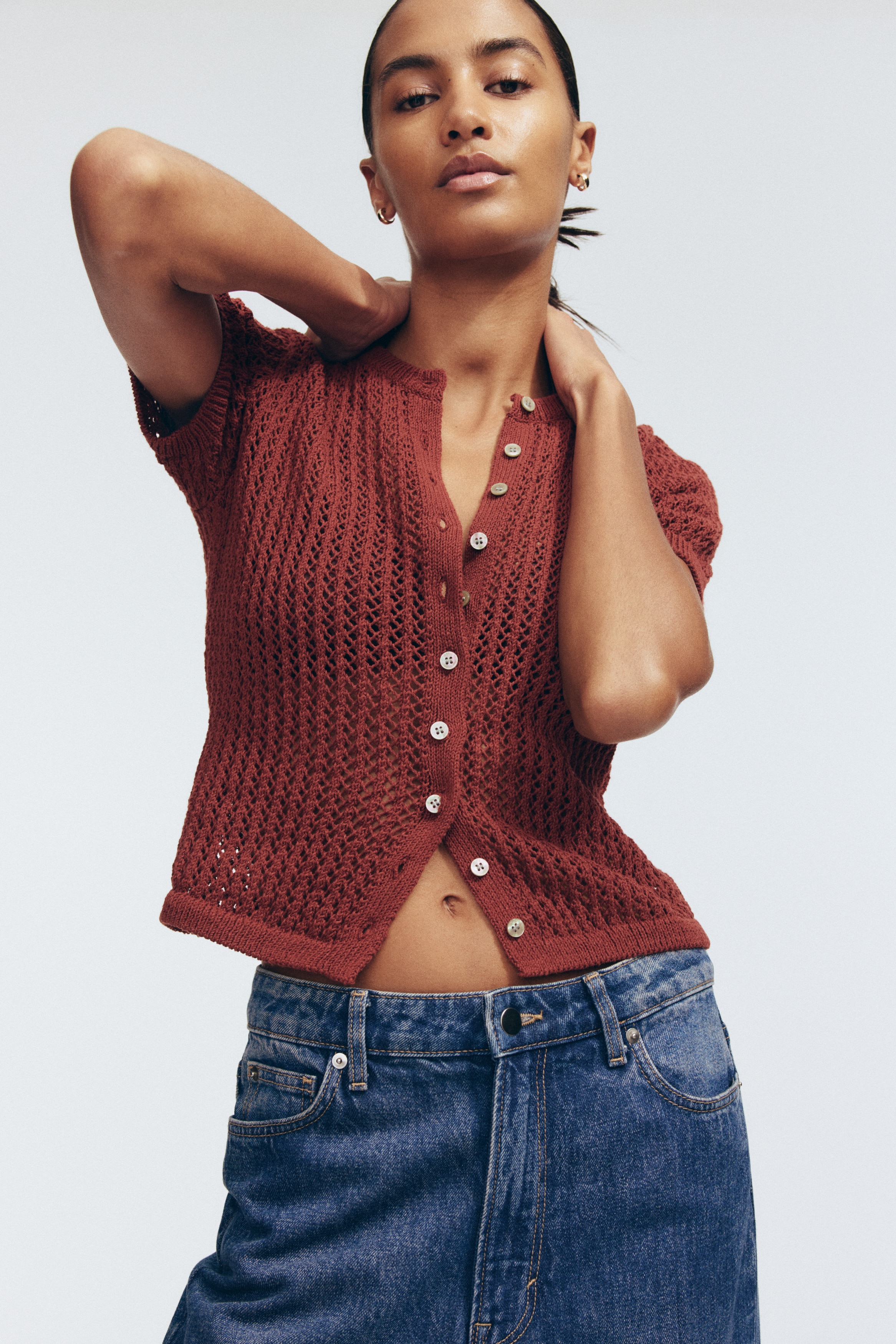 Pointelle-Knit Cardigan - Dark rust brown - Ladies | H&M US