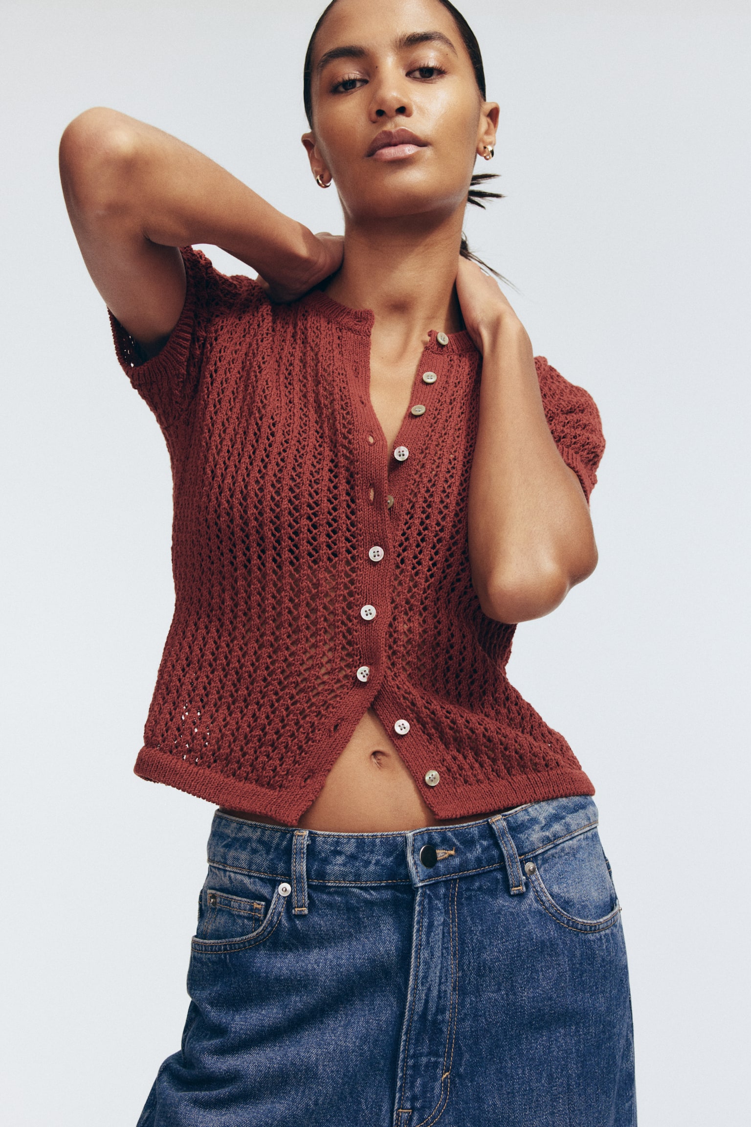Женский кардиган H&M Pointelle-Knit, цвет: Тёмный ржавый красный — фото 2