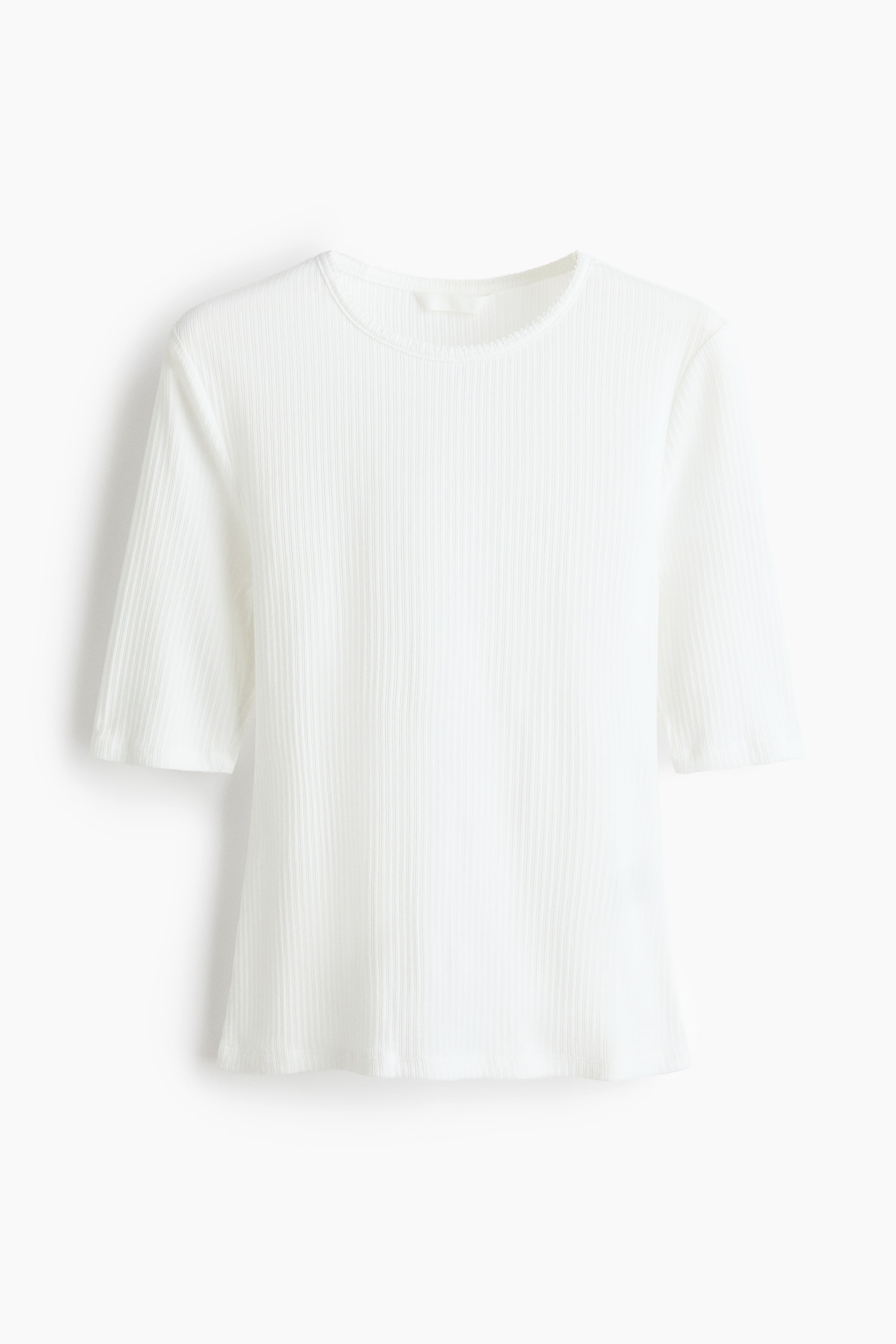 View larger image: A white ribbed knit top is displayed from the front, showcasing a crew neckline with a delicate scalloped edge. It is crafted with three-quarter length sleeves and a straight hem.