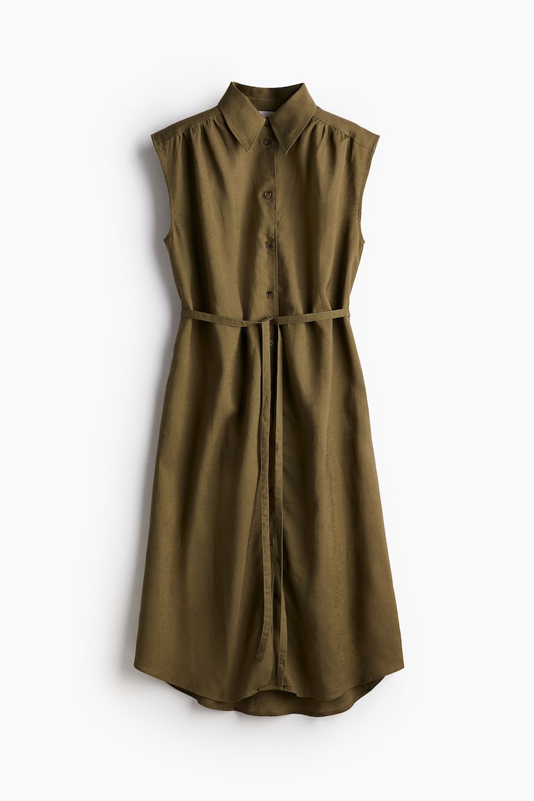 h&m khaki shirt dress Women's Dark khaki green Linen-blend shirt dress