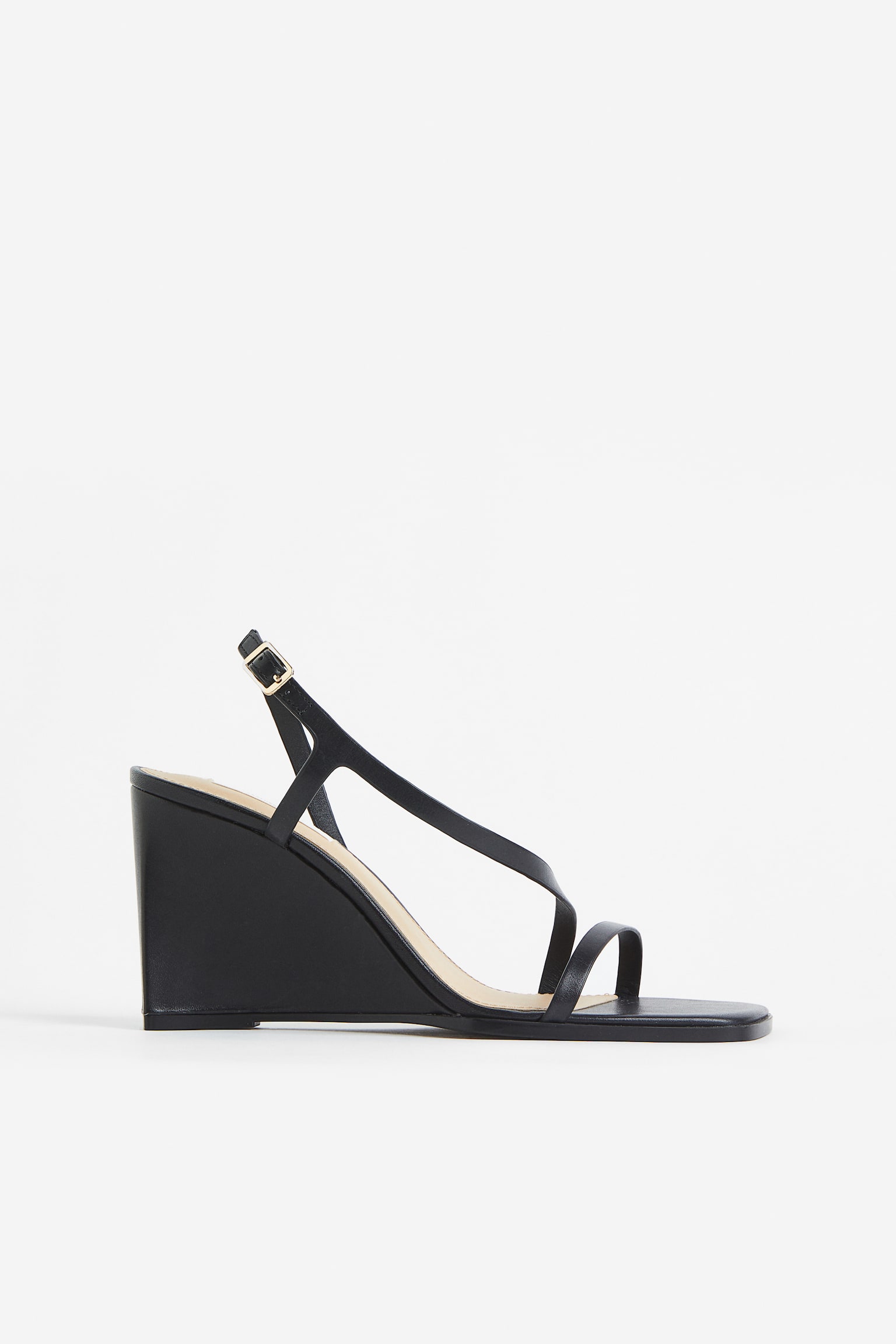 Wedge Heel Leather Sandals - Black/Dark beige - 1