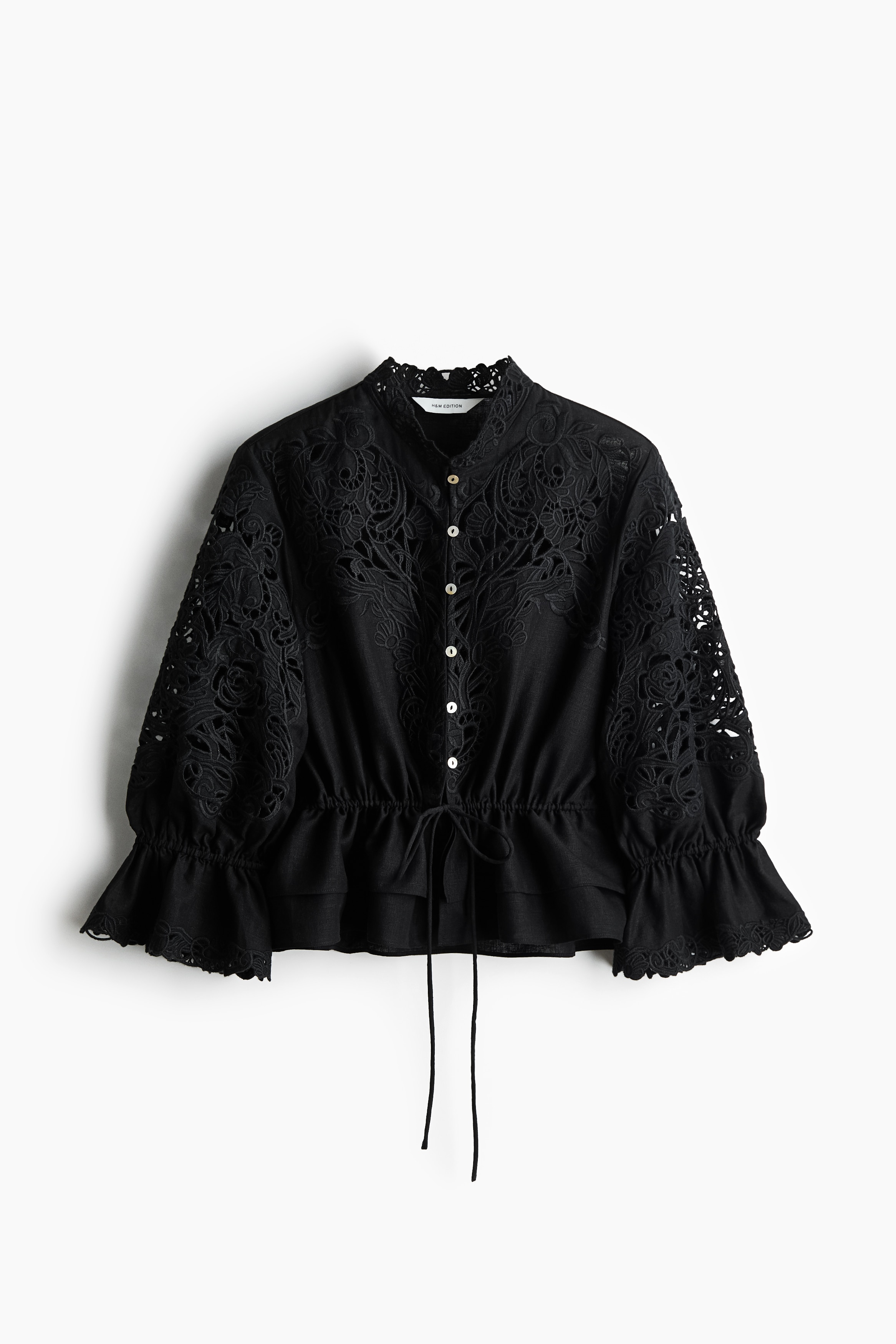 Linen-Blend Blouse with Eyelet Embroidery - Black/White