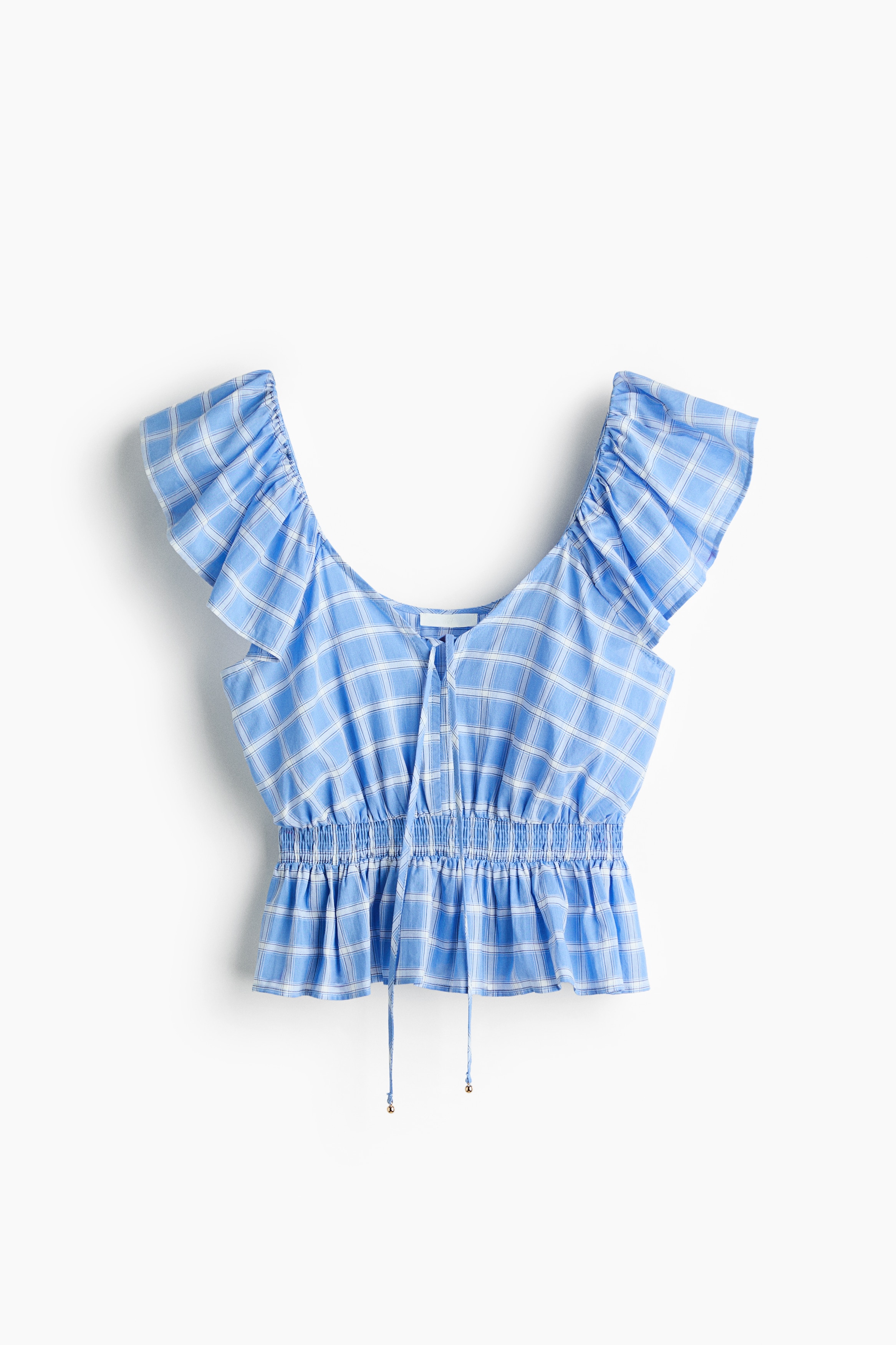 Flutter-Sleeved Peplum Blouse - Blue/checked/White
