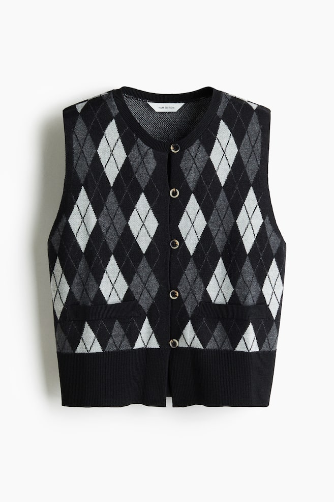 Wool-blend jacquard-knit waistcoat - Black/Argyle pattern - 1