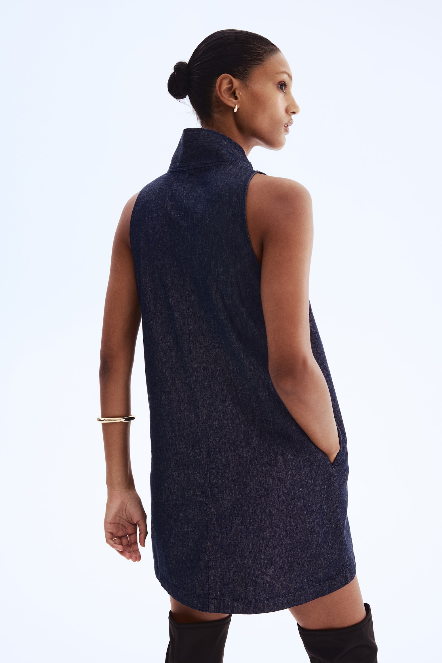 Vestido denim con cuello fular - Azul denim oscuro - 5