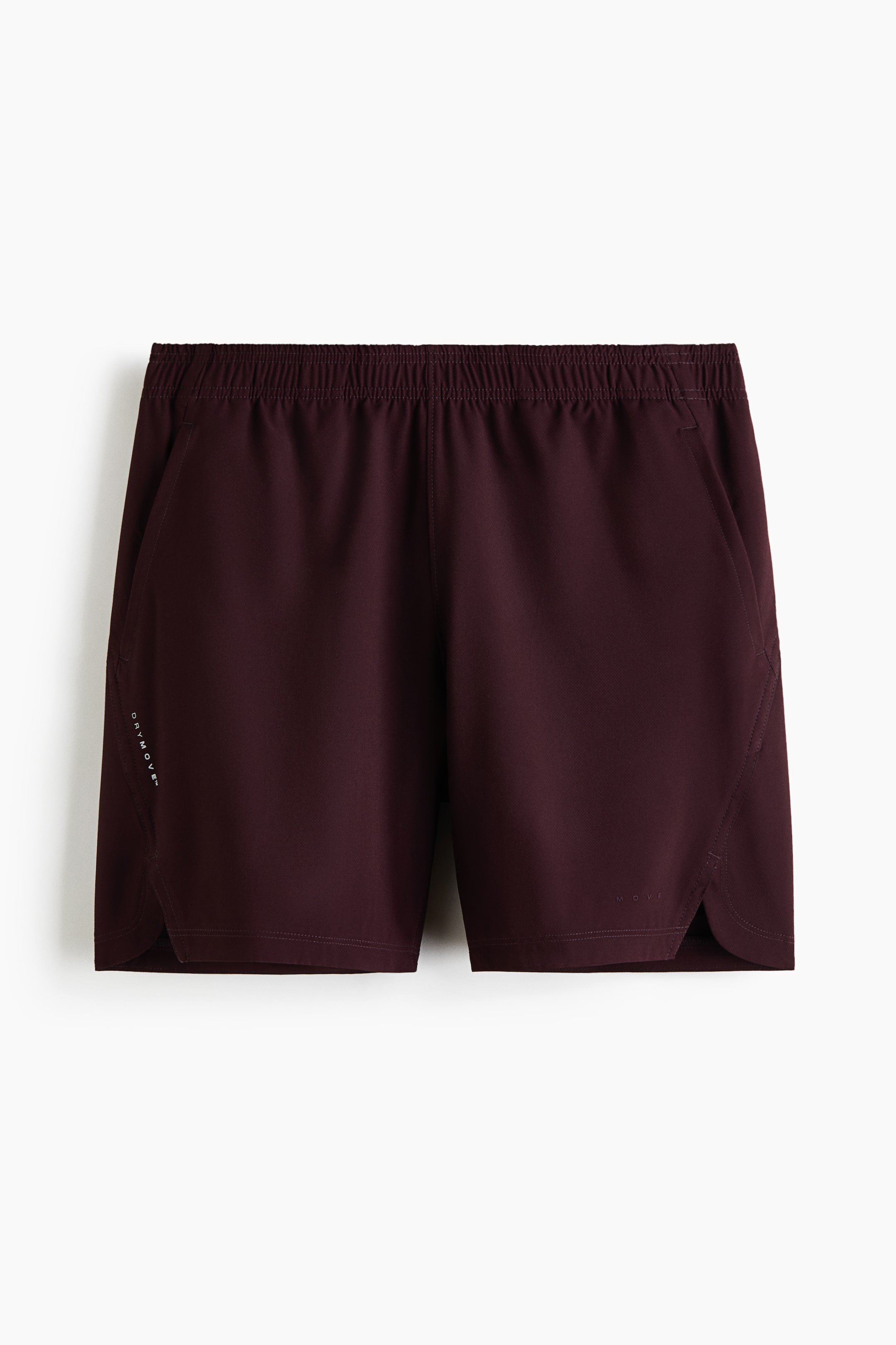 Ver imagen más grande: Pantalones cortos deportivos con tecnología DryMove presentados en una vista frontal, mostrando un color rojo oscuro. Presentan una cintura elástica acanalada, bolsillos laterales diagonales, un logo blanco 'DRYMOVE' verticalmente en la pierna izquierda y pequeñas aberturas laterales en el dobladillo.