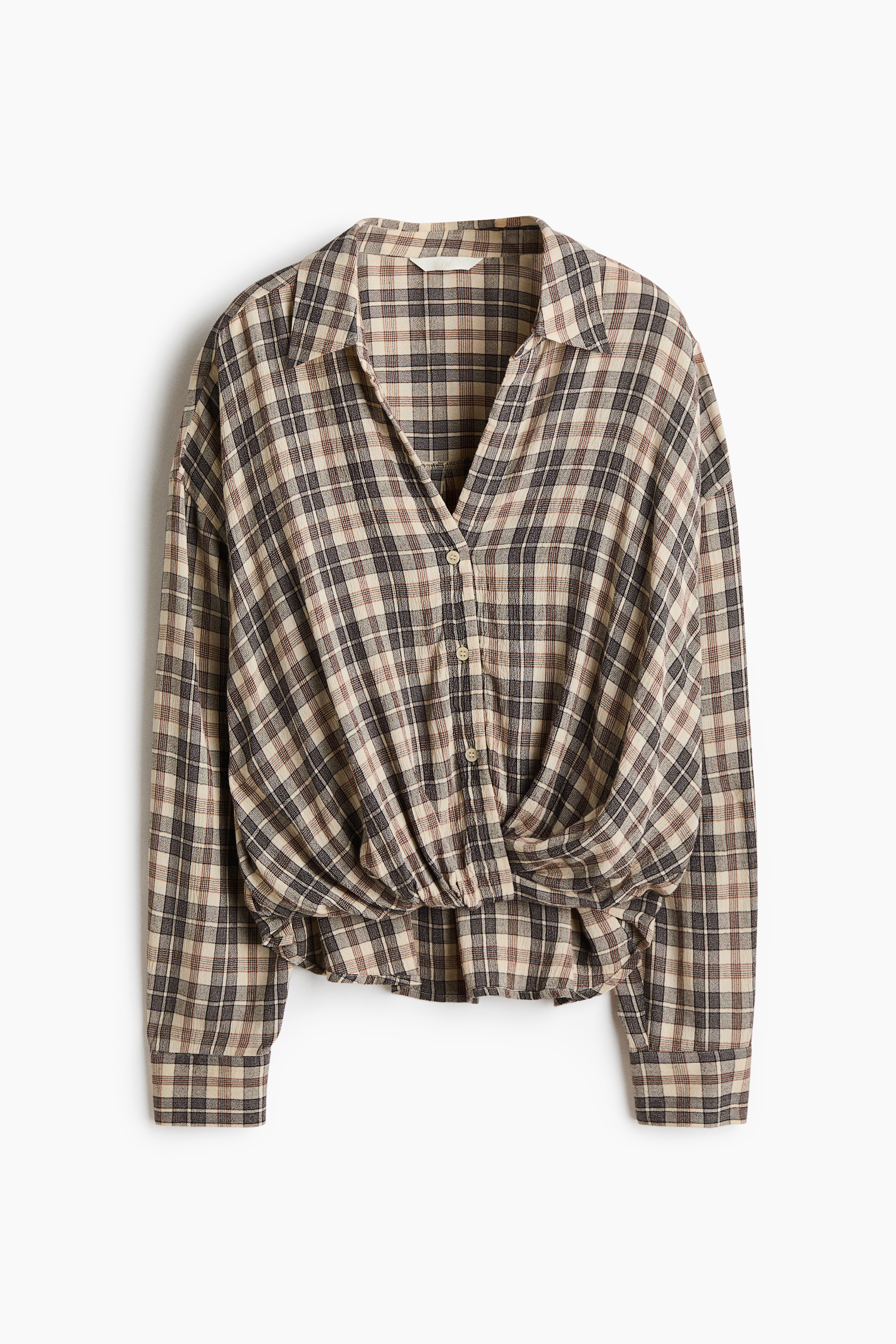 Twist-detail viscose shirt - Light beige/Checked
