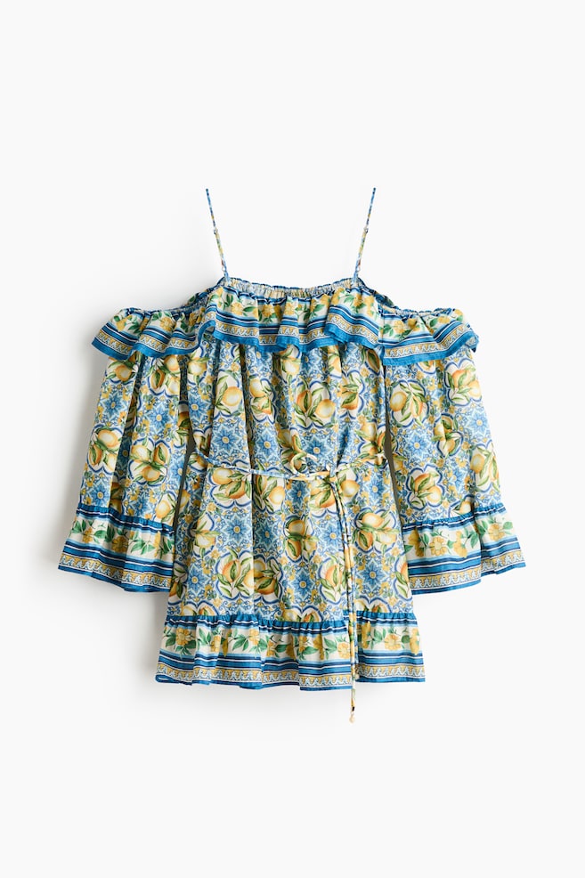 Tie-belt cold shoulder dress - Blue/Lemons - 1