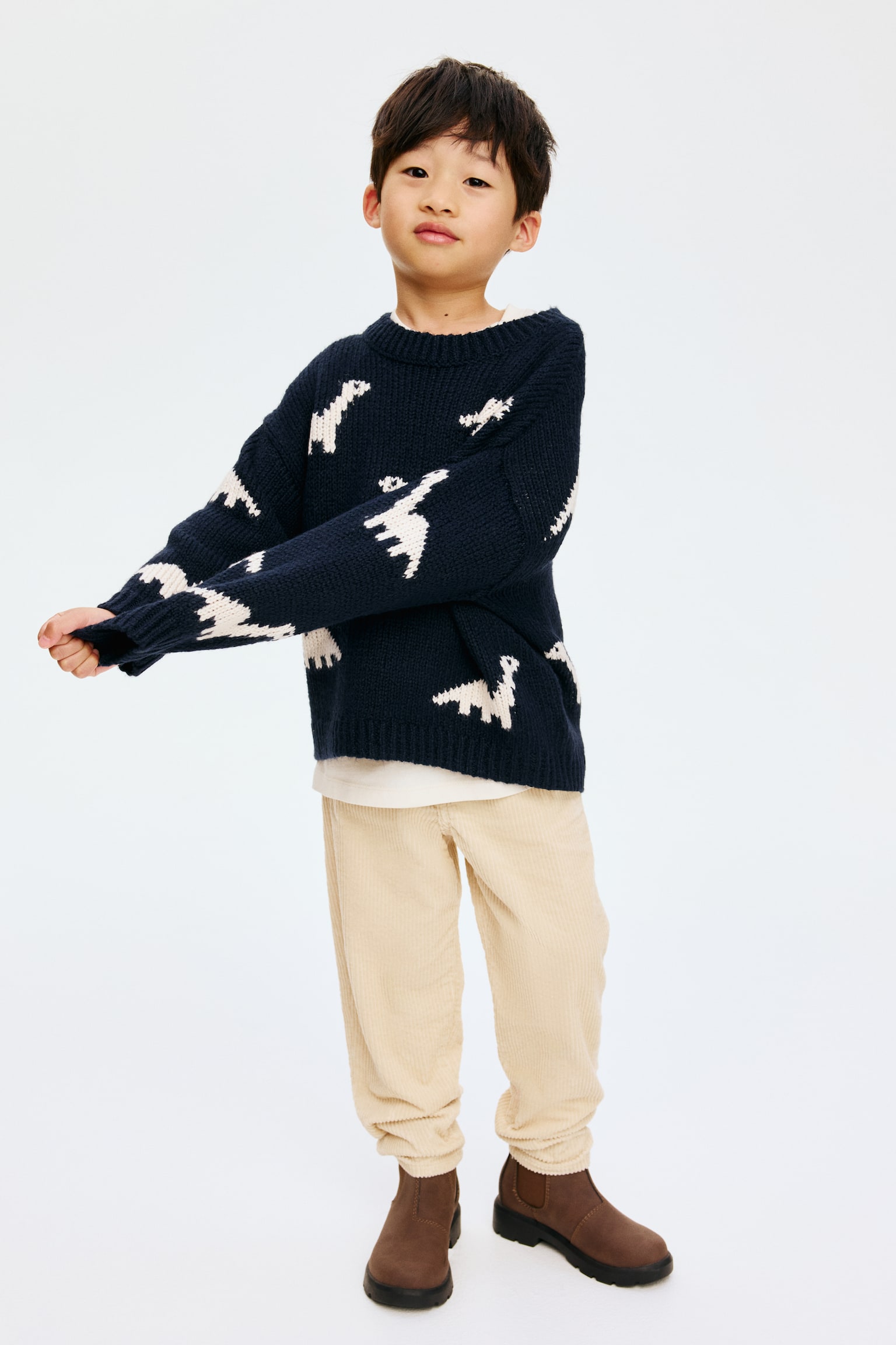 Jacquard-knit jumper - Navy blue/Dinosaurs/Beige/Christmas trees - 4