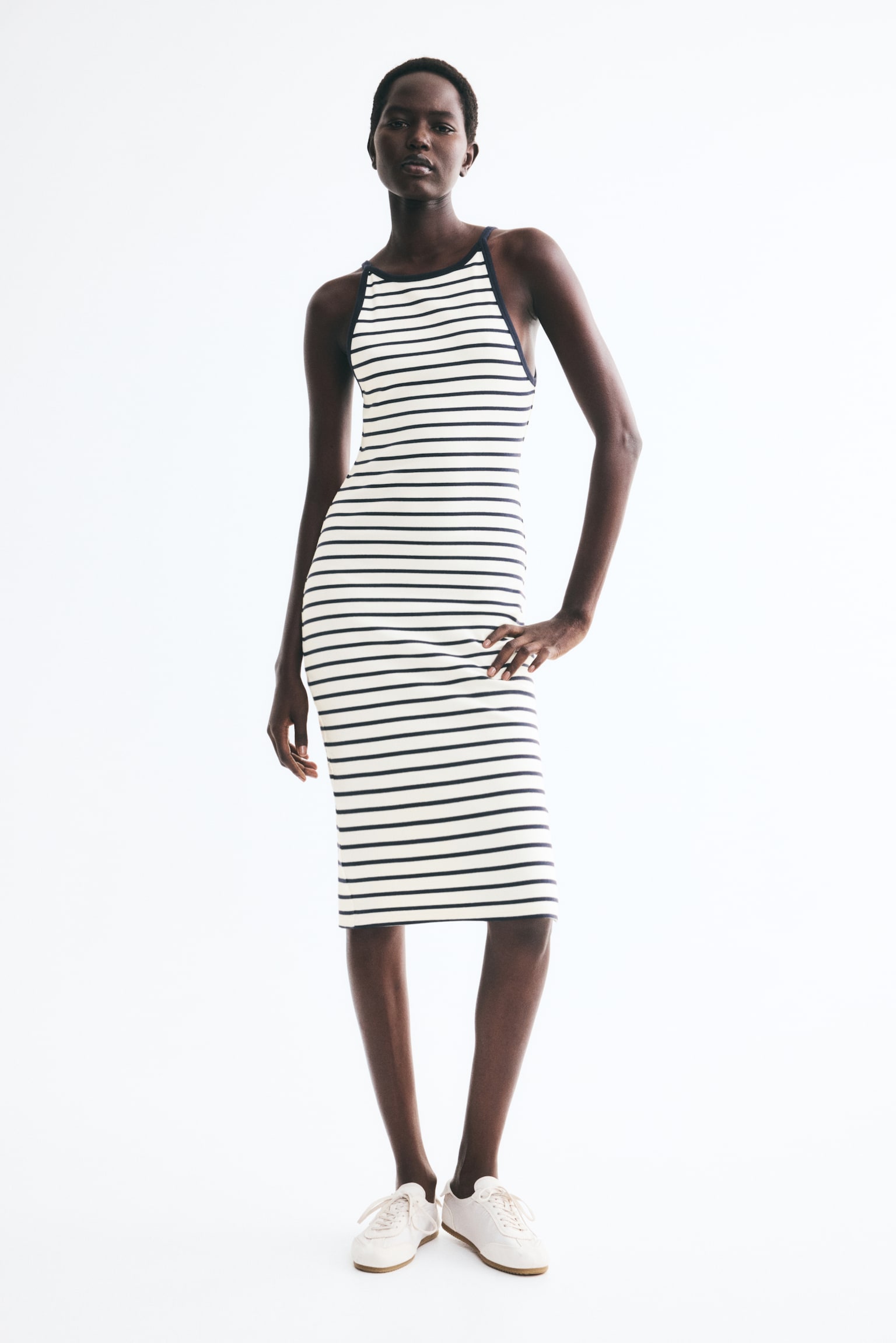 Cotton bodycon dress - Cream/Striped/Black/Blue - 1