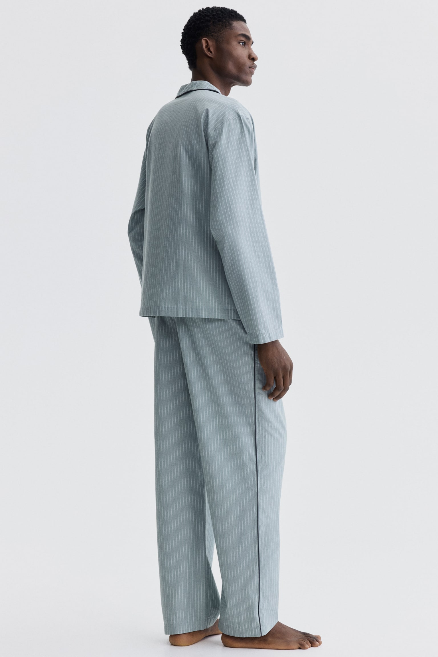 Cotton pyjama shirt and bottoms - Medium dusty green/Striped/Navy blue - 5