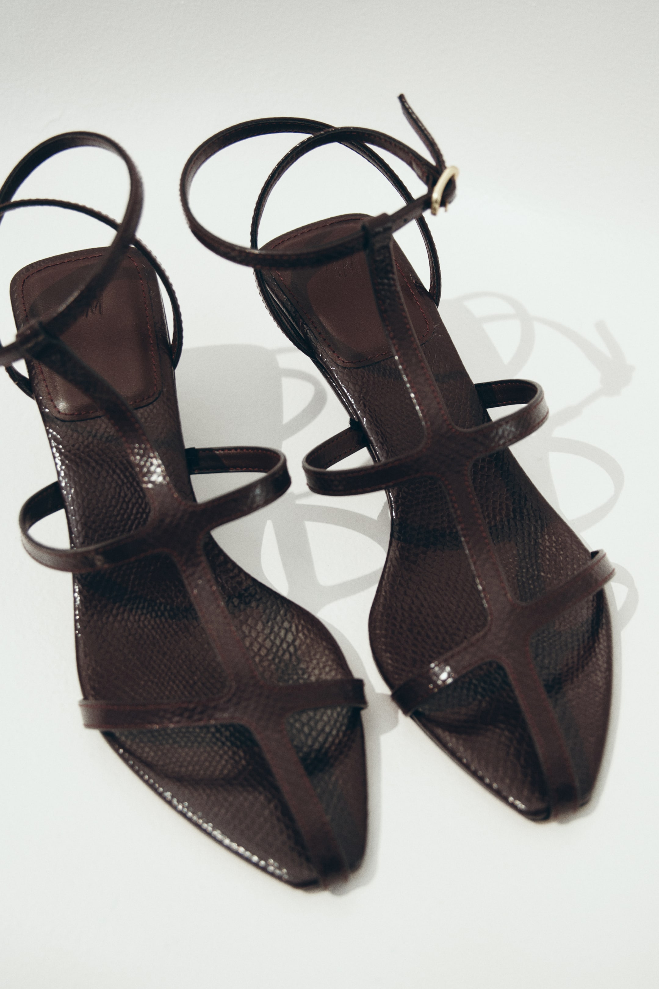 View larger image: Strappy sandals in dark brown coated fabric are showcased, featuring pointed toes, covered cone heels, and an adjustable ankle strap with a metal buckle.