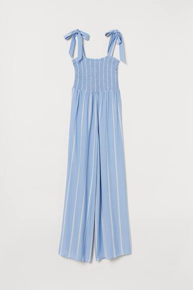 Jumpsuit with smocking - Sleeveless - Long - Light blue/White striped ...