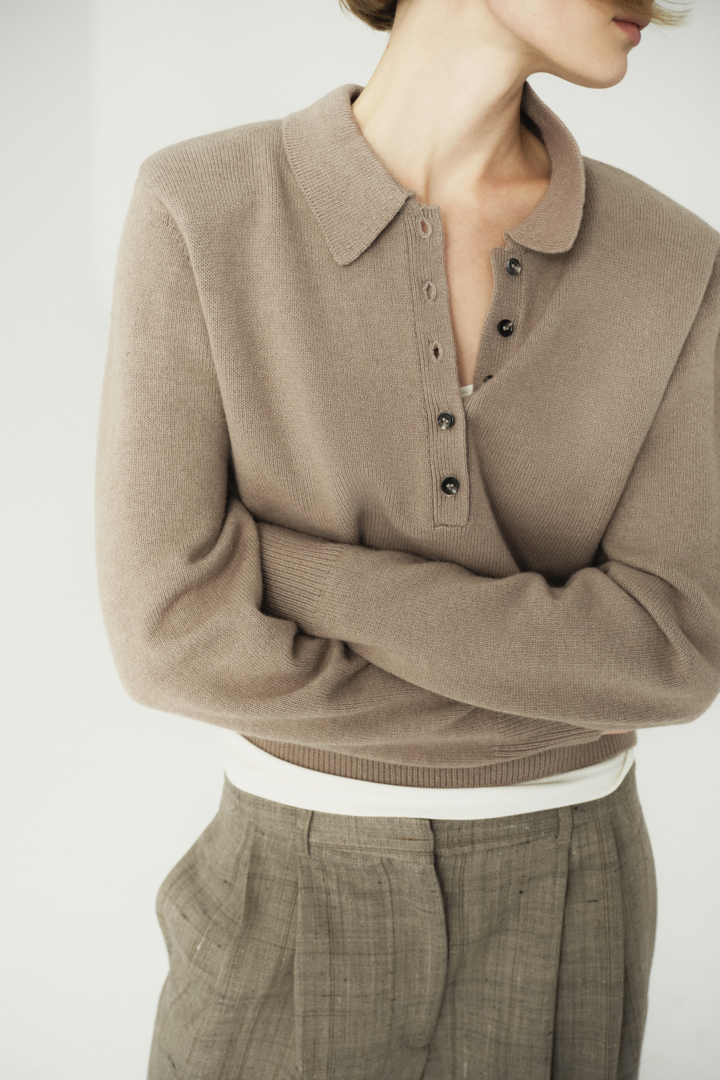 moca　SHOULDER PADS POLO KNIT TOPS Shoulder-Pad Polo Sweater - Taupe - Ladies | H&M US