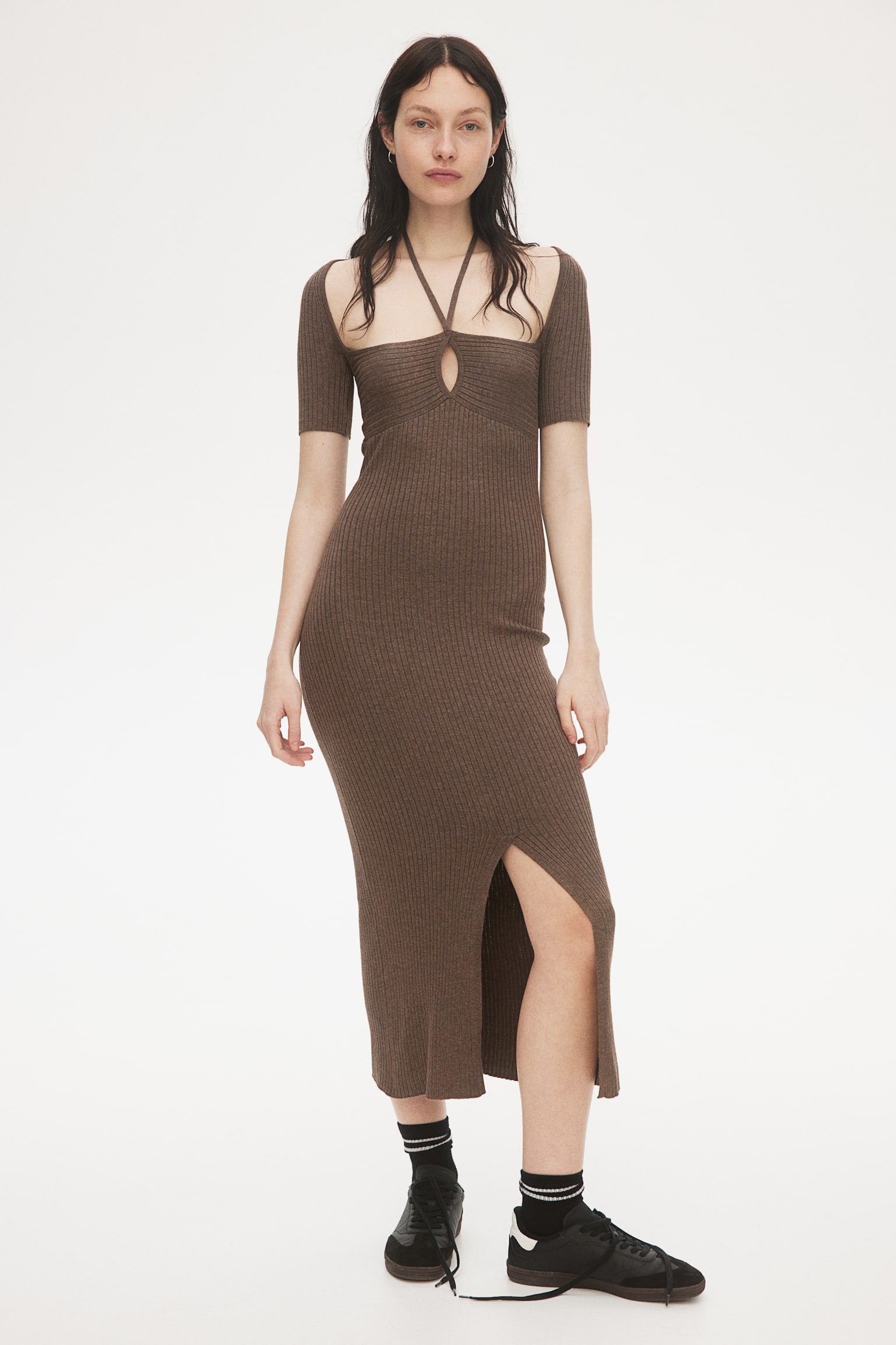 Rib-knit tie-detail dress - Dark brown marl - 1