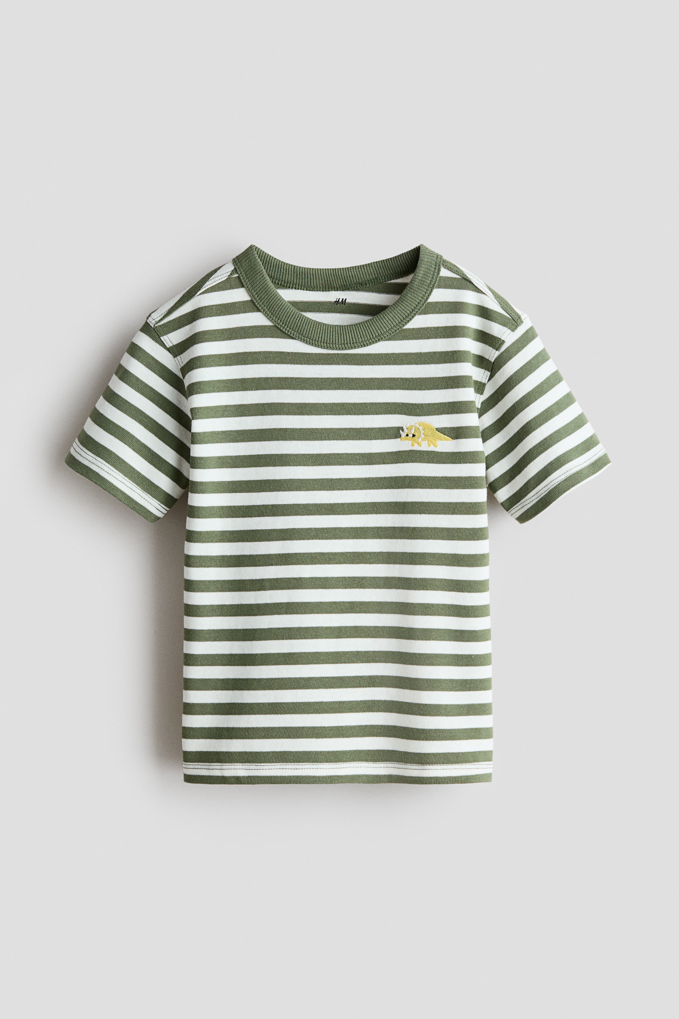 엠브로이더리 디테일 티셔츠 - 카키 그린/스트라이프/다크 레드/스트라이프